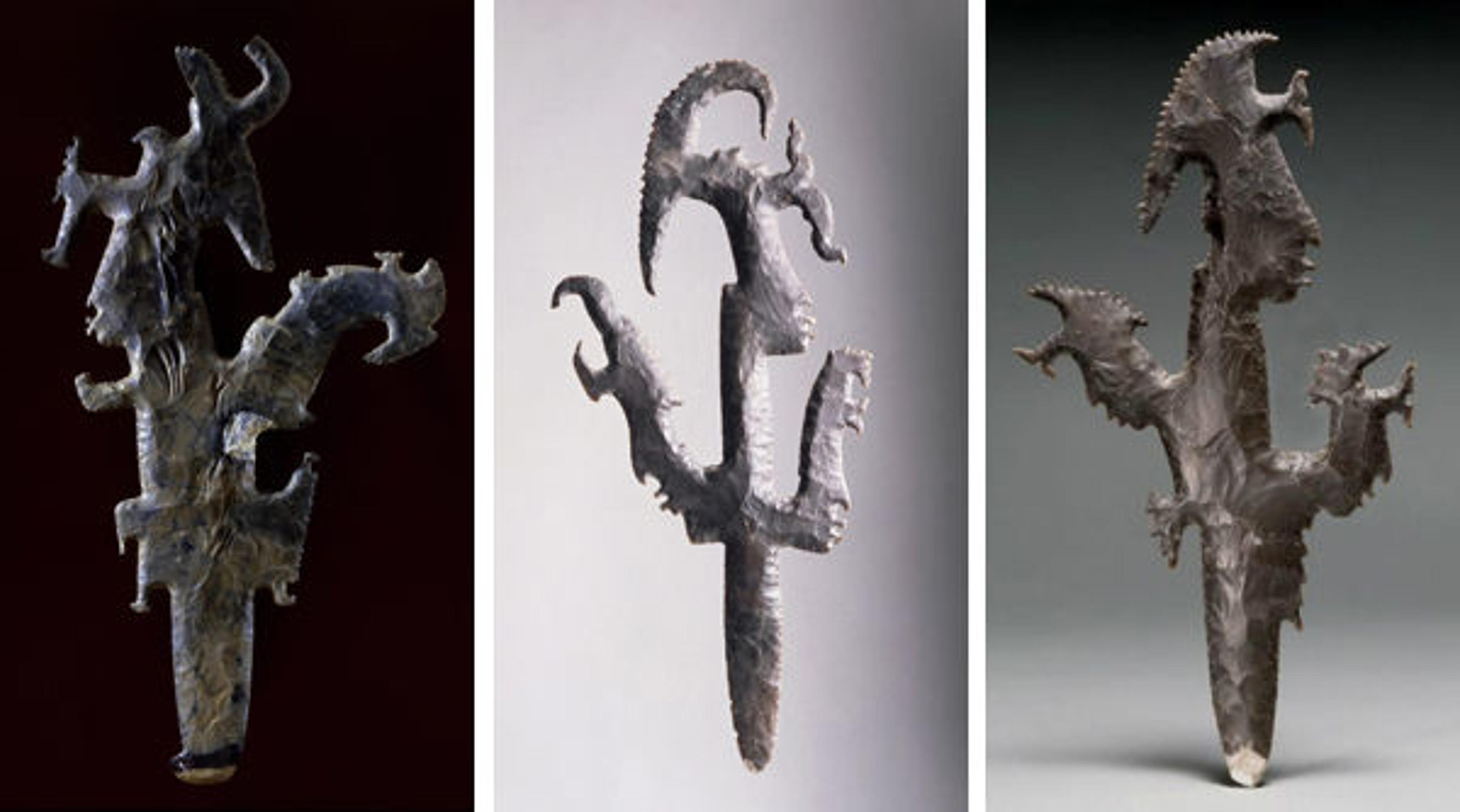 Fig. 2. Eccentric flint scepters. Left: Scepter with profile figures, 7th—8th century. Guatemala, Mesoamerica. Maya. Flint; H. 13 5/8 x W. 7 1/2 x D. 5/8 in. (34.6 x 19.1 x 1.6 cm). The Metropolitan Museum of Art, New York, The Michael C. Rockefeller Memorial Collection, Purchase, Nelson A. Rockefeller Gift, 1967 (1978.412.195). Center: Eccentric flint with profiles of K'awiil, the lightning god, A.D. 600–800. Belize, Guatemala, or Mexico. Late Classic, Maya. Chert; H. 33.3 cm, W. 15.0 cm, D. 1.1 cm (13 1/8 x 5 7/8 x 7/16 in.). The Princeton University Art Museum, Gift of Shelby White in honor of Gillett G. Griffin (2003-292). (c) Eccentric flint, 600–700 CE. Maya, Late Classic. Flint; 24.13 cm x 13.02 cm x 1 cm (9 1/2 in. x 5 1/8 in. x 3/8 in.). Dumbarton Oaks Research Library and Collection (PC.B.587)