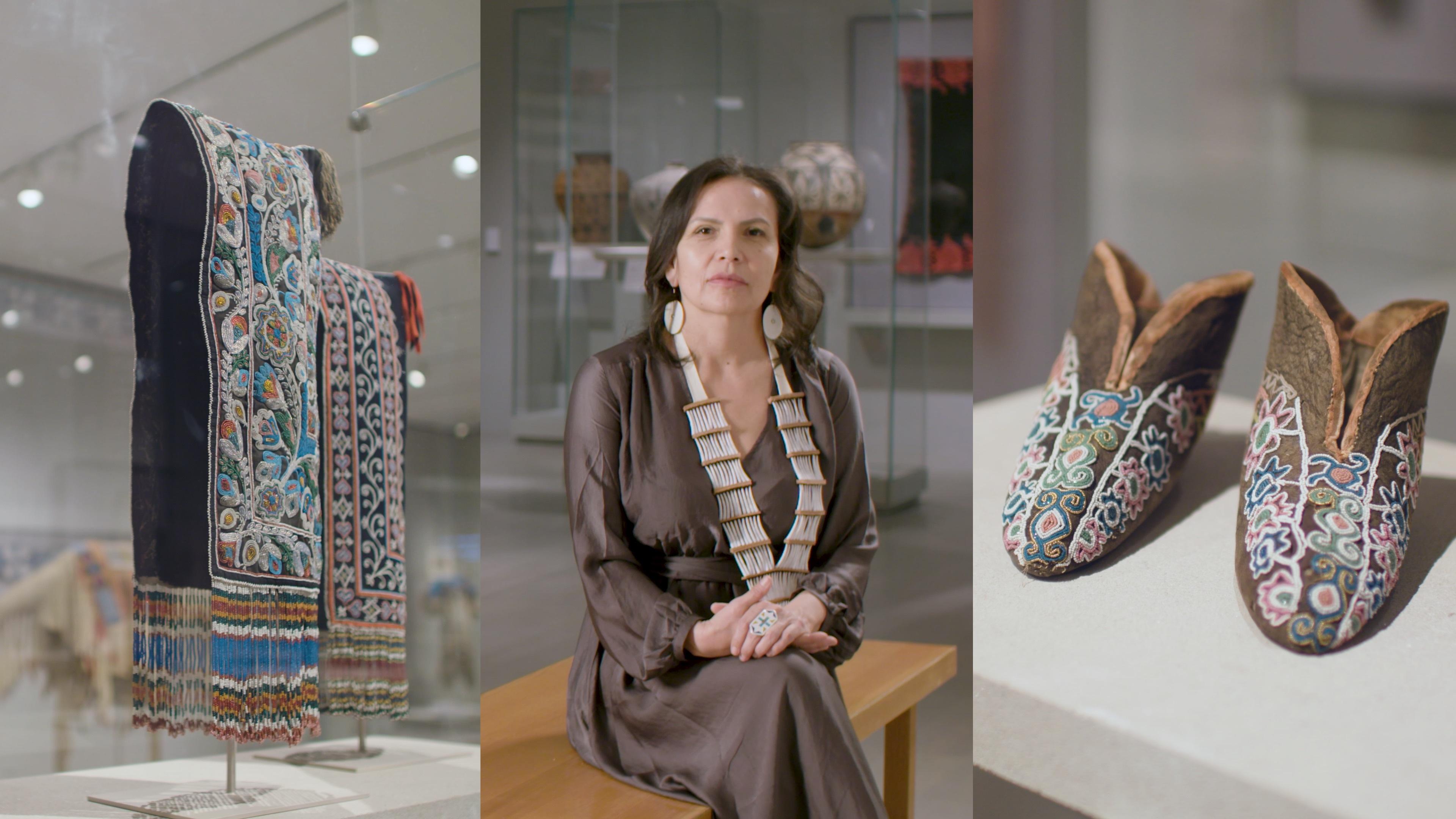 Split screen of Jodi Archambault in center with two works of art on either side.