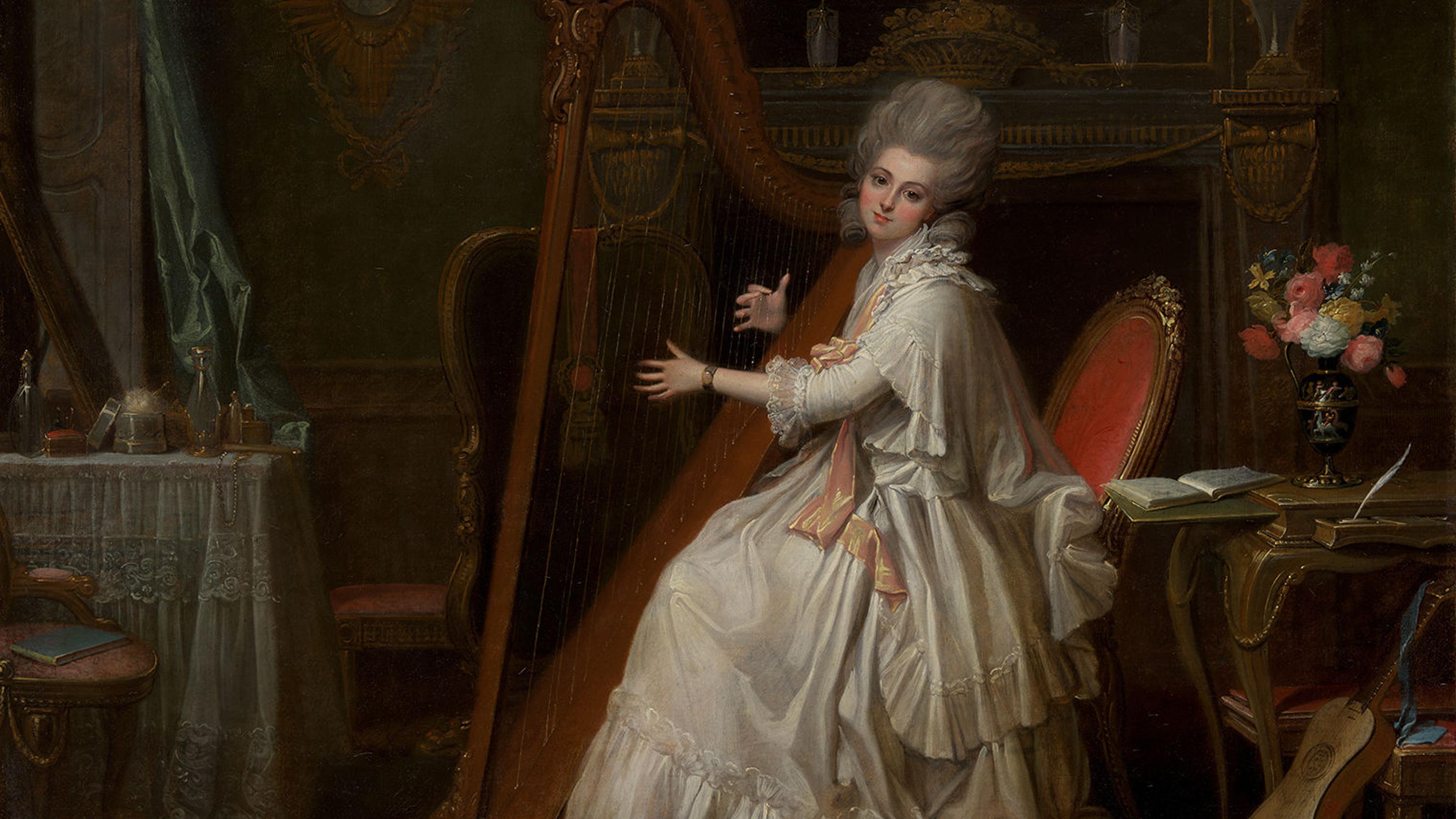 Painting of a woman in a white dress playing the harp while a lapdog sleeps at her feet in an adorned dressing room