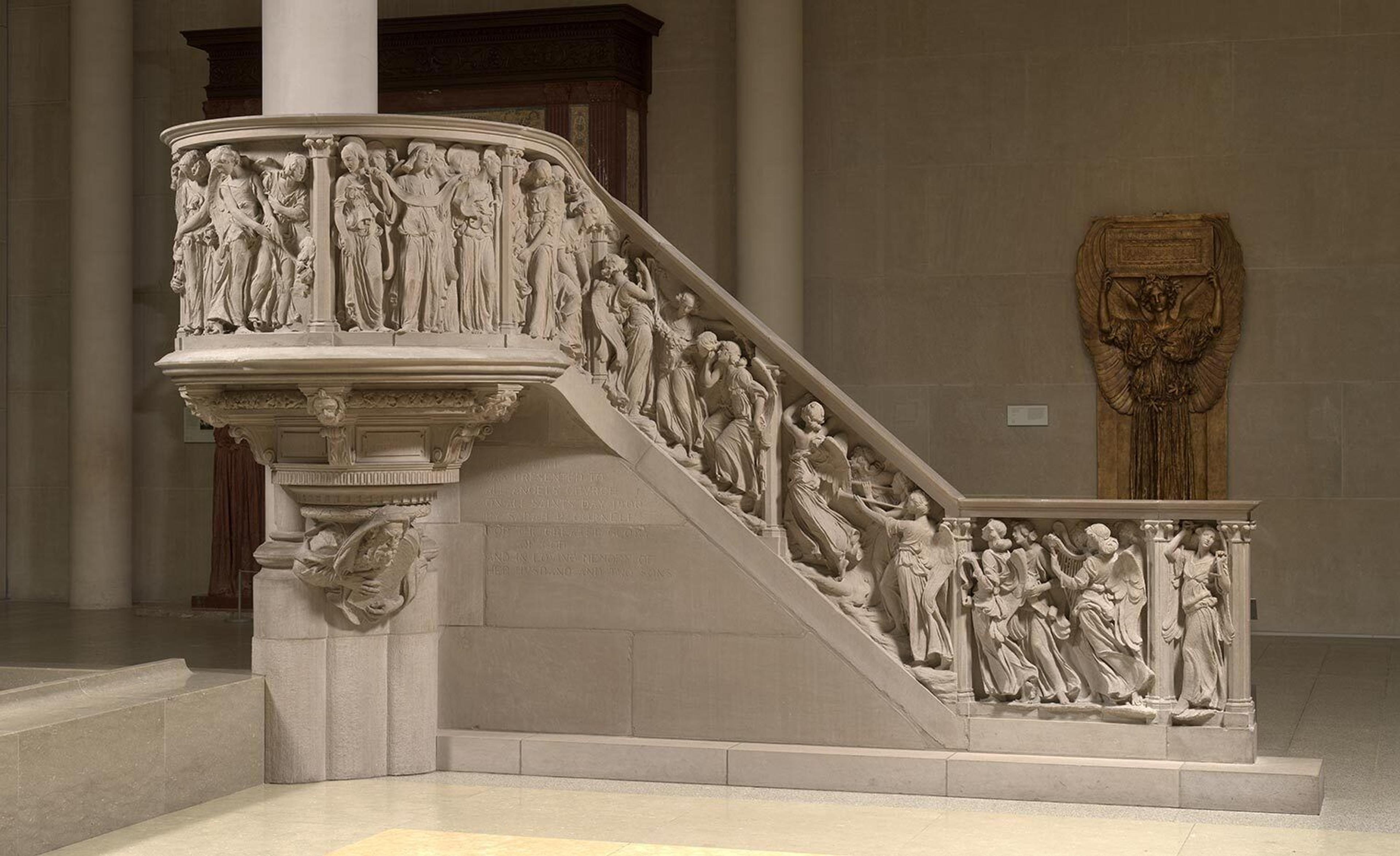 An ornate pulpit is installed in The Met's galleries