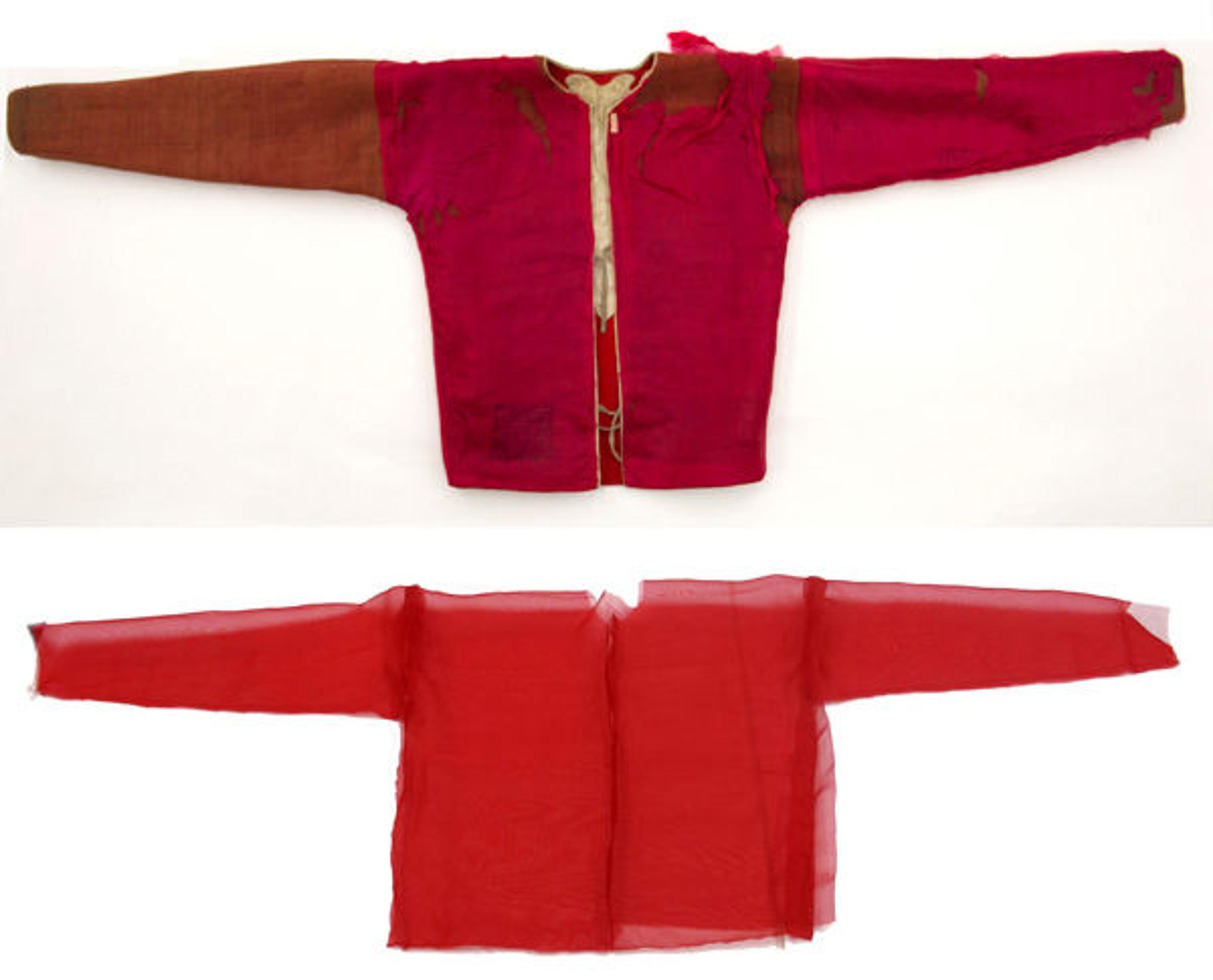 Jacket lining prior to treatment (top); jacket lining during treatment (bottom)