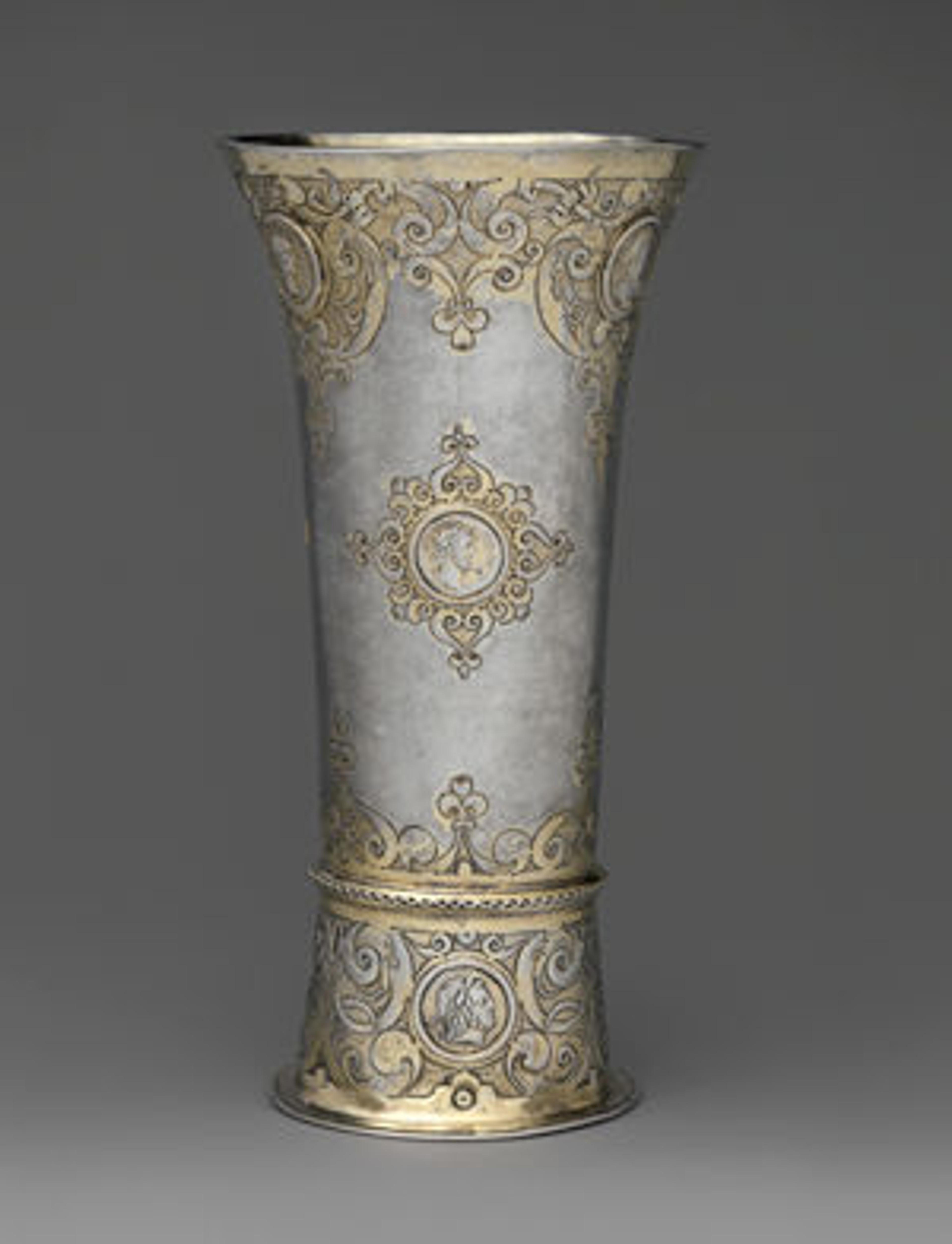 Petrus Schnell II (active ca. 1615–51). Footed beaker, ca. 1650. Hungarian, Nagyszeben. Silver, partly gilded; Overall: 7 11/16 x 3 7/8 in. (19.5 x 9.8 cm). The Metropolitan Museum of Art, New York, Gift of The Salgo Trust for Education, New York, in memory of Nicolas M. Salgo, 2010 (2010.110.25)