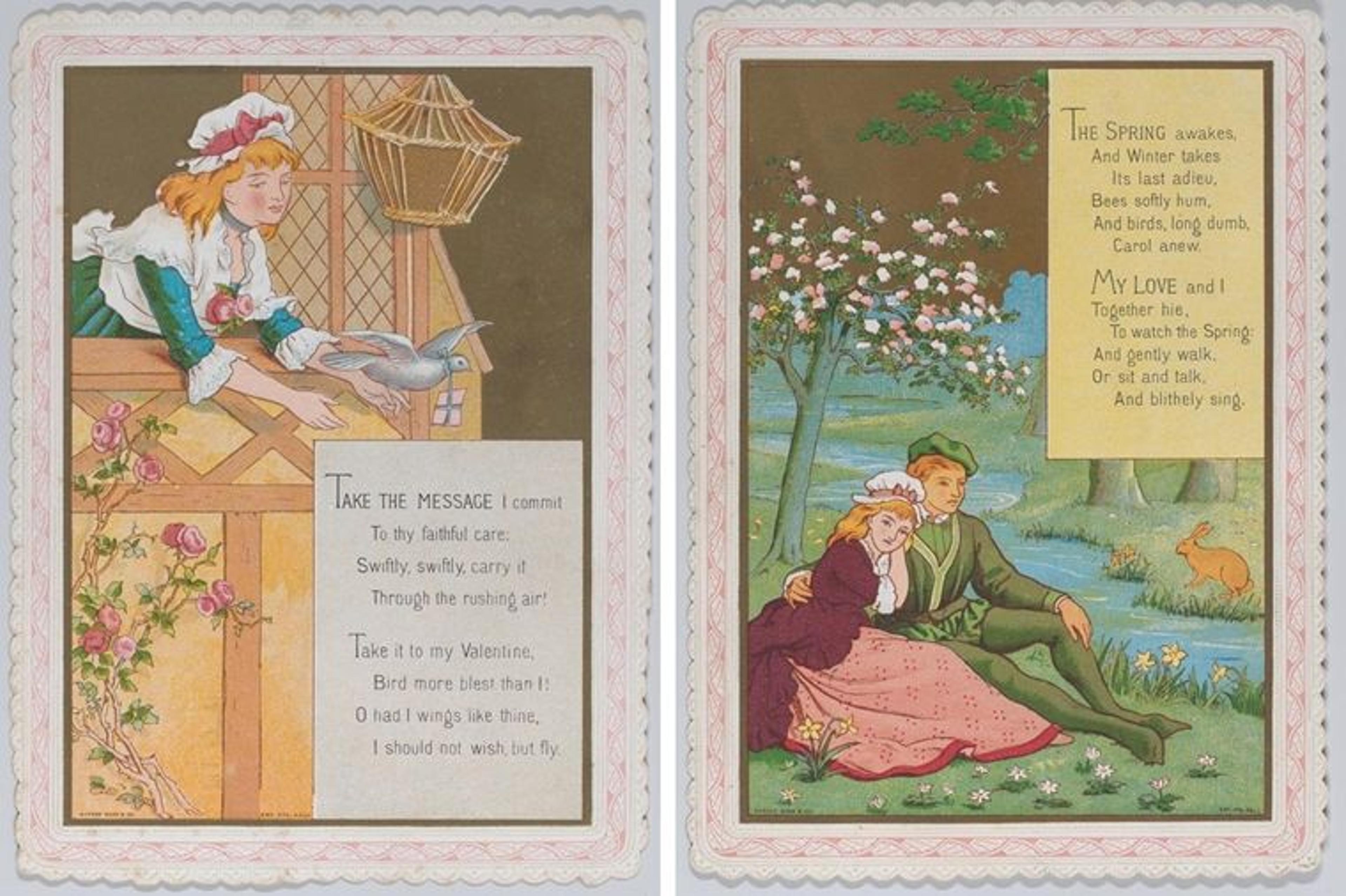 Two Kate Greenaway valentines depicting young lovers in pastoral settings, with short poems included on each