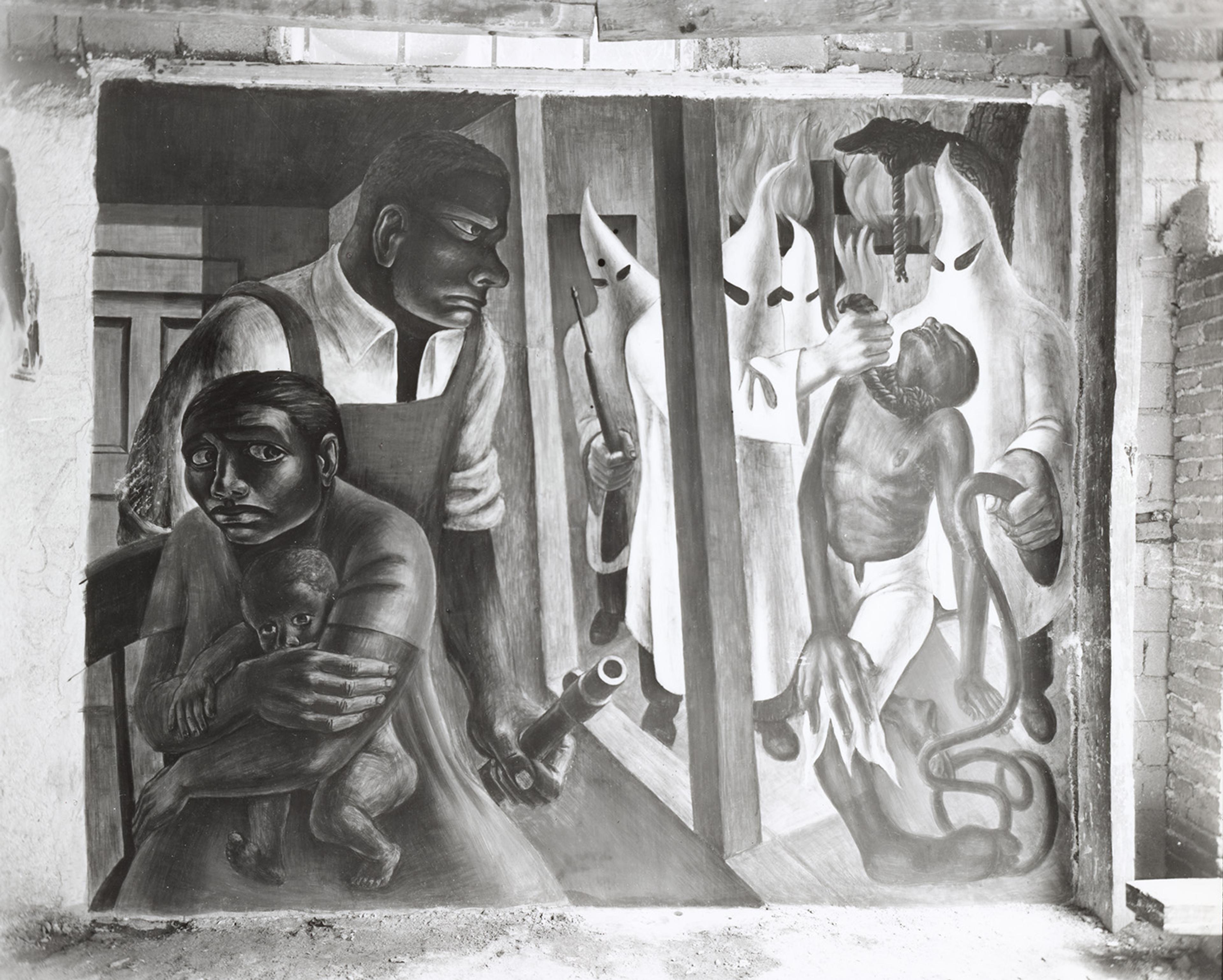 A Black man with a gun protects a mother and child on the left while hooded figures menace another man on the right.