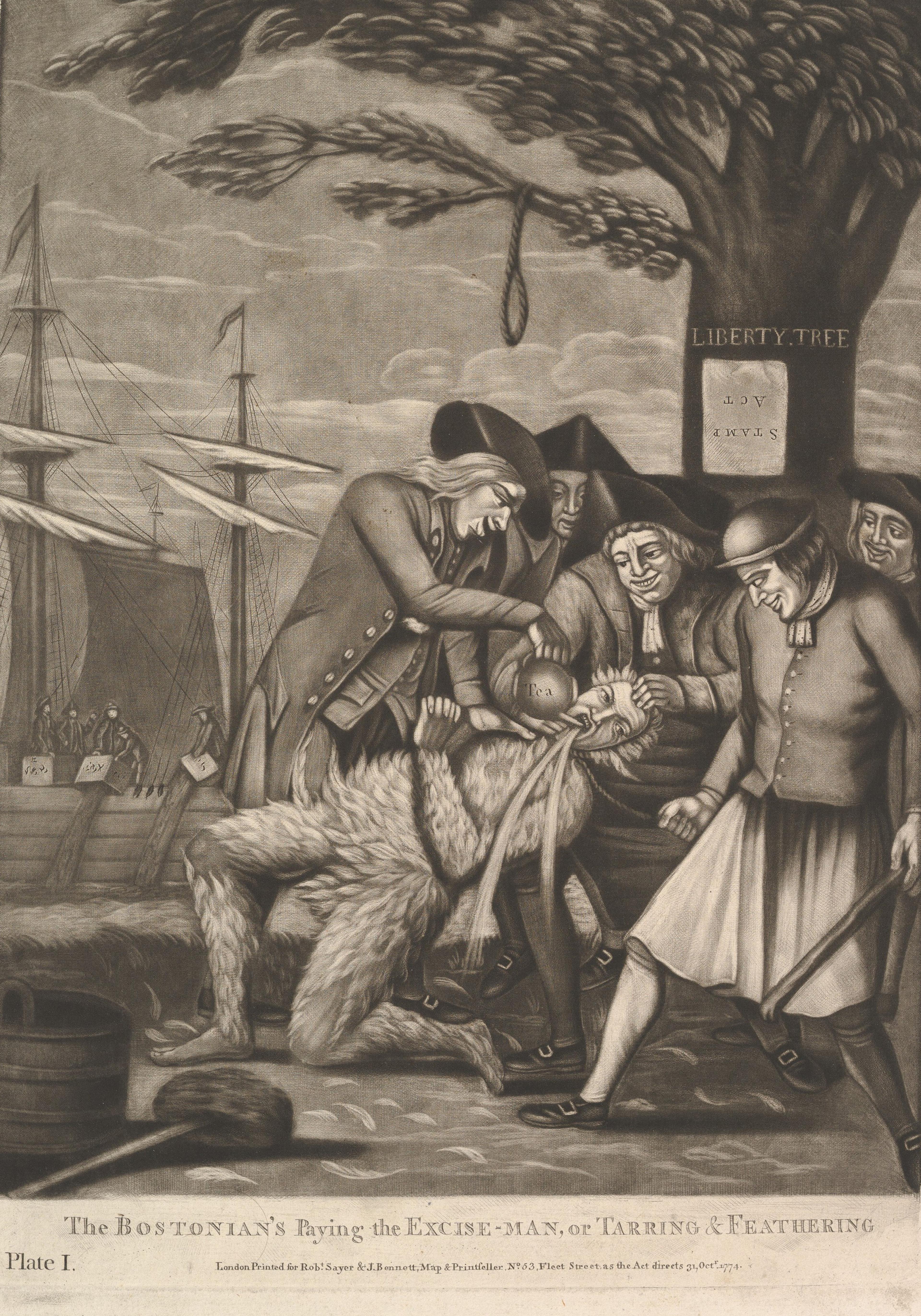 An 18th-century illustration depicts men tar and feathering another man near a tree labeled "Liberty Tree." Ships and crates are visible in the background.