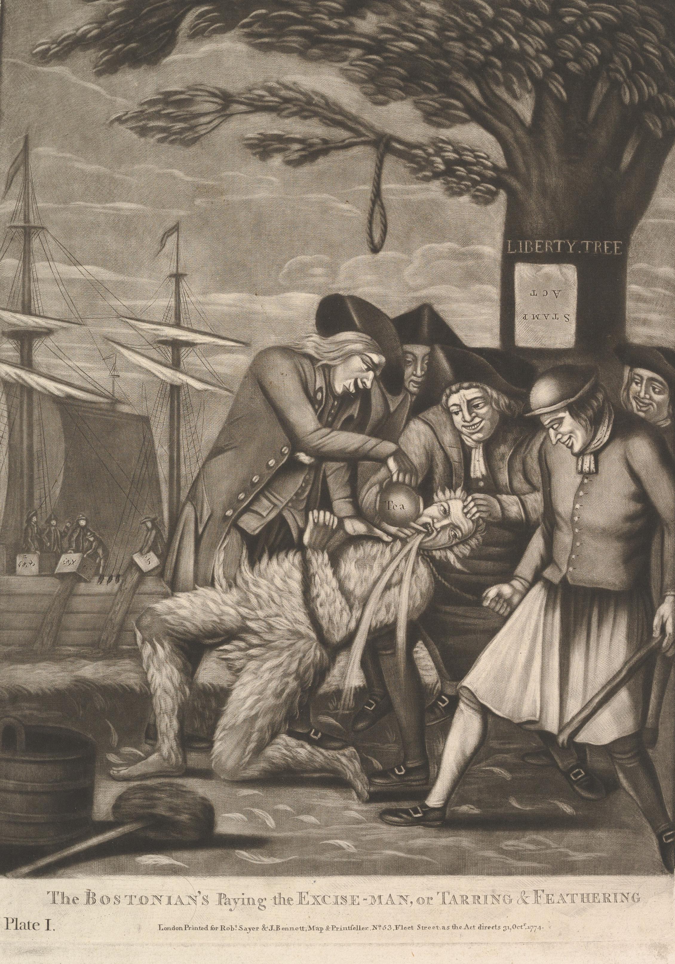 An 18th-century illustration depicts men tar and feathering another man near a tree labeled "Liberty Tree." Ships and crates are visible in the background.