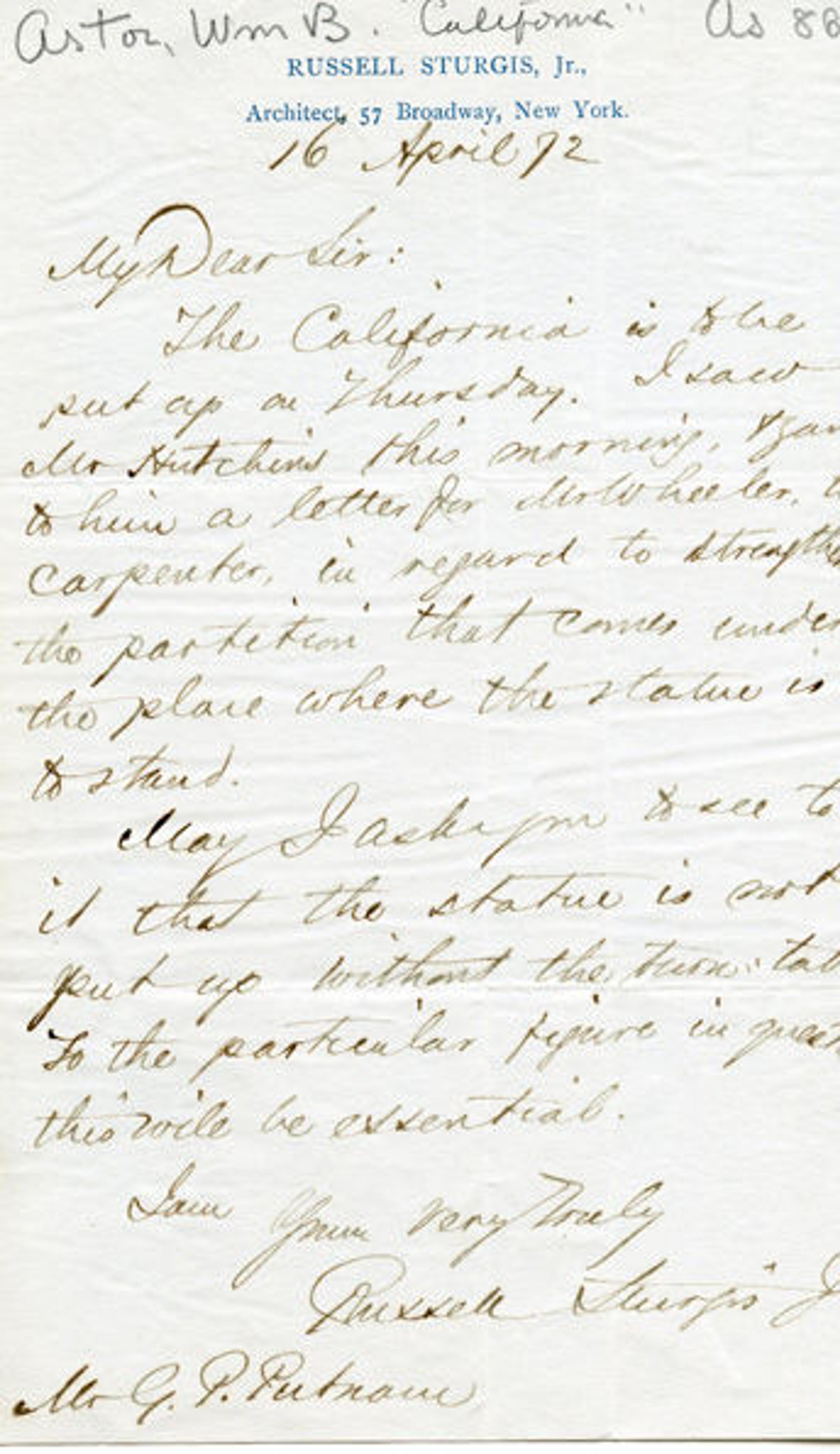Letter from Russell Sturgis to William Backhouse Astor Regarding the Display of California