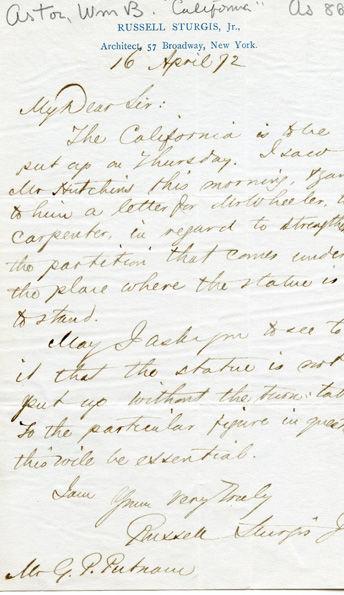 Letter from Russell Sturgis to William Backhouse Astor Regarding the Display of California