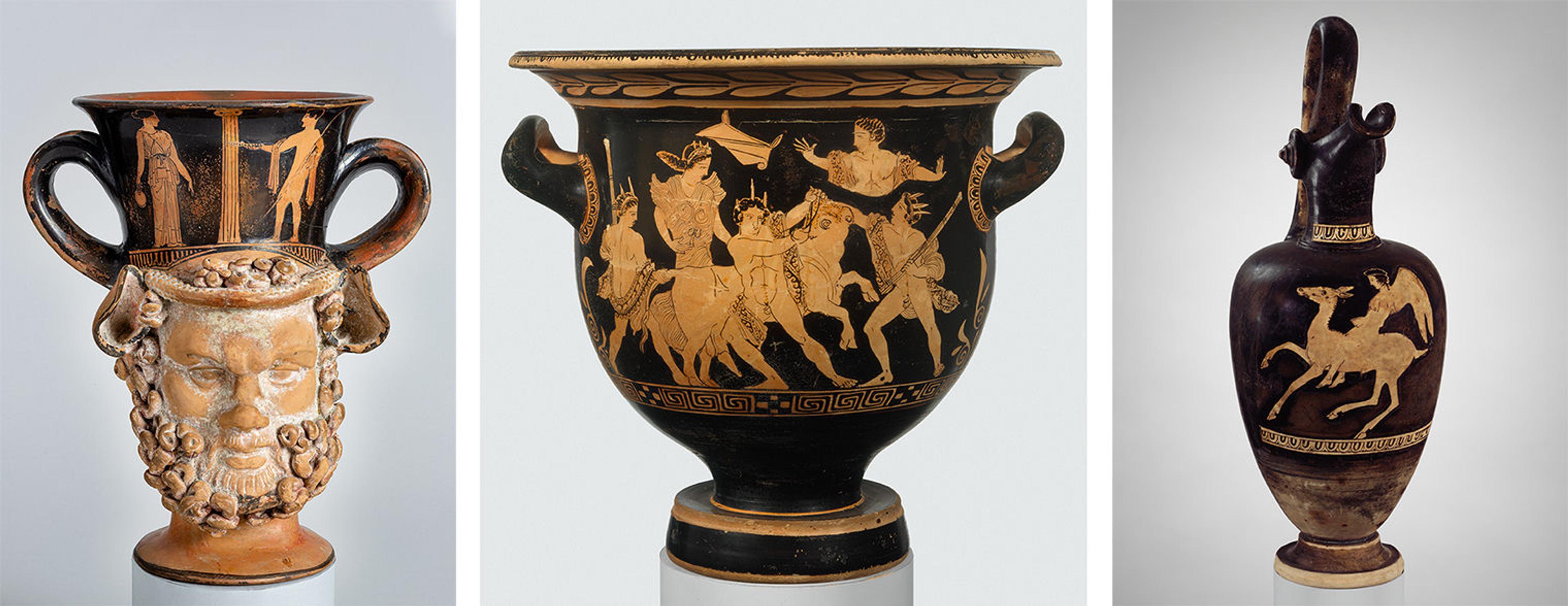 Triptych of three ancient Greek black, terracotta jugs with red-figure scenes..