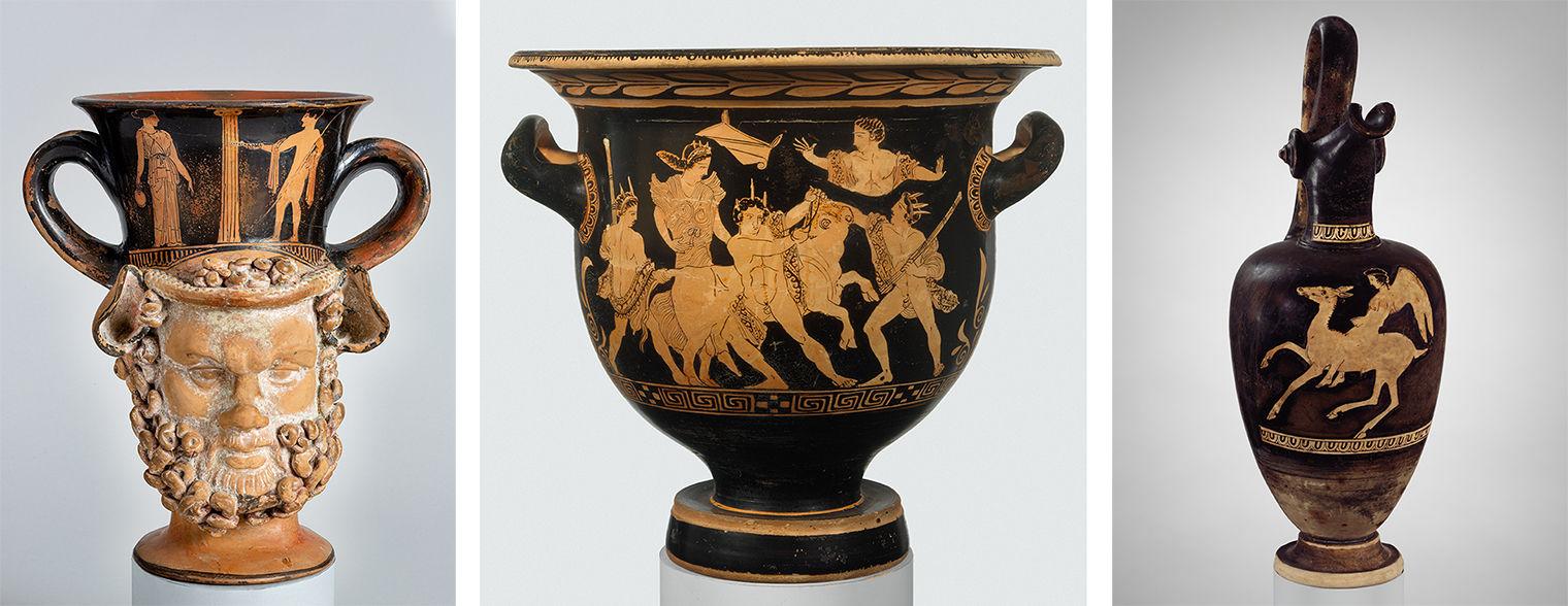 Triptych of three ancient Greek black, terracotta jugs with red-figure scenes..