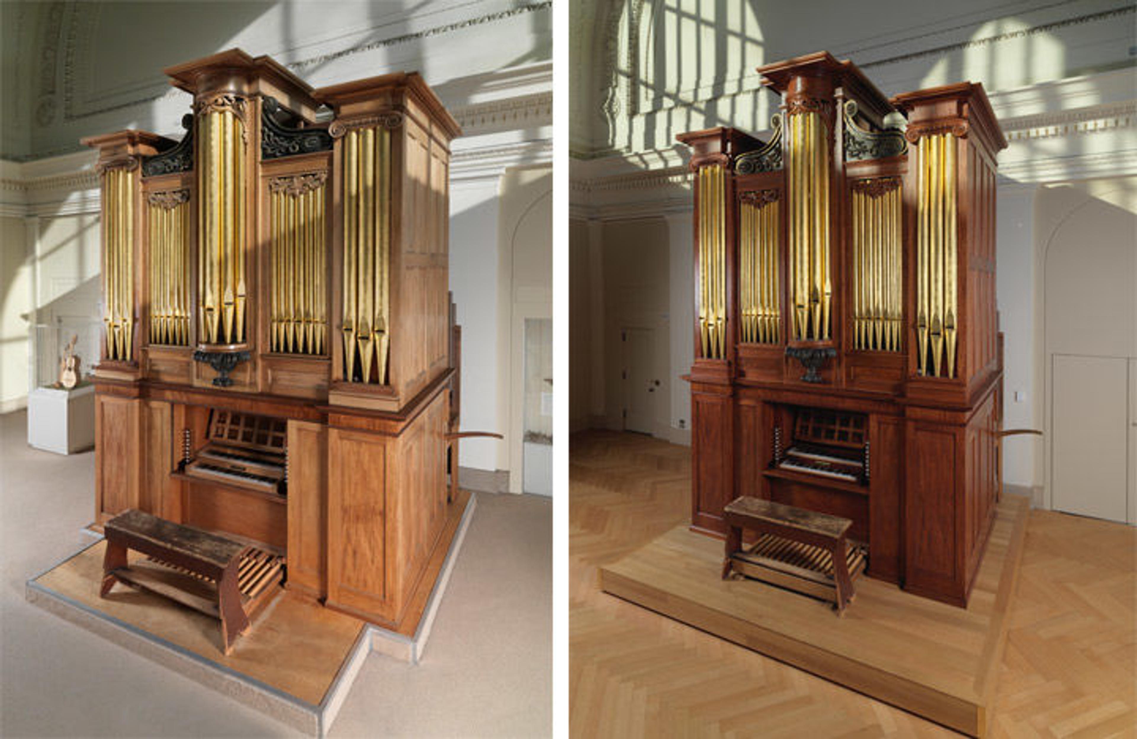 Two photos of the Appleton Organ before and after conservation treatment