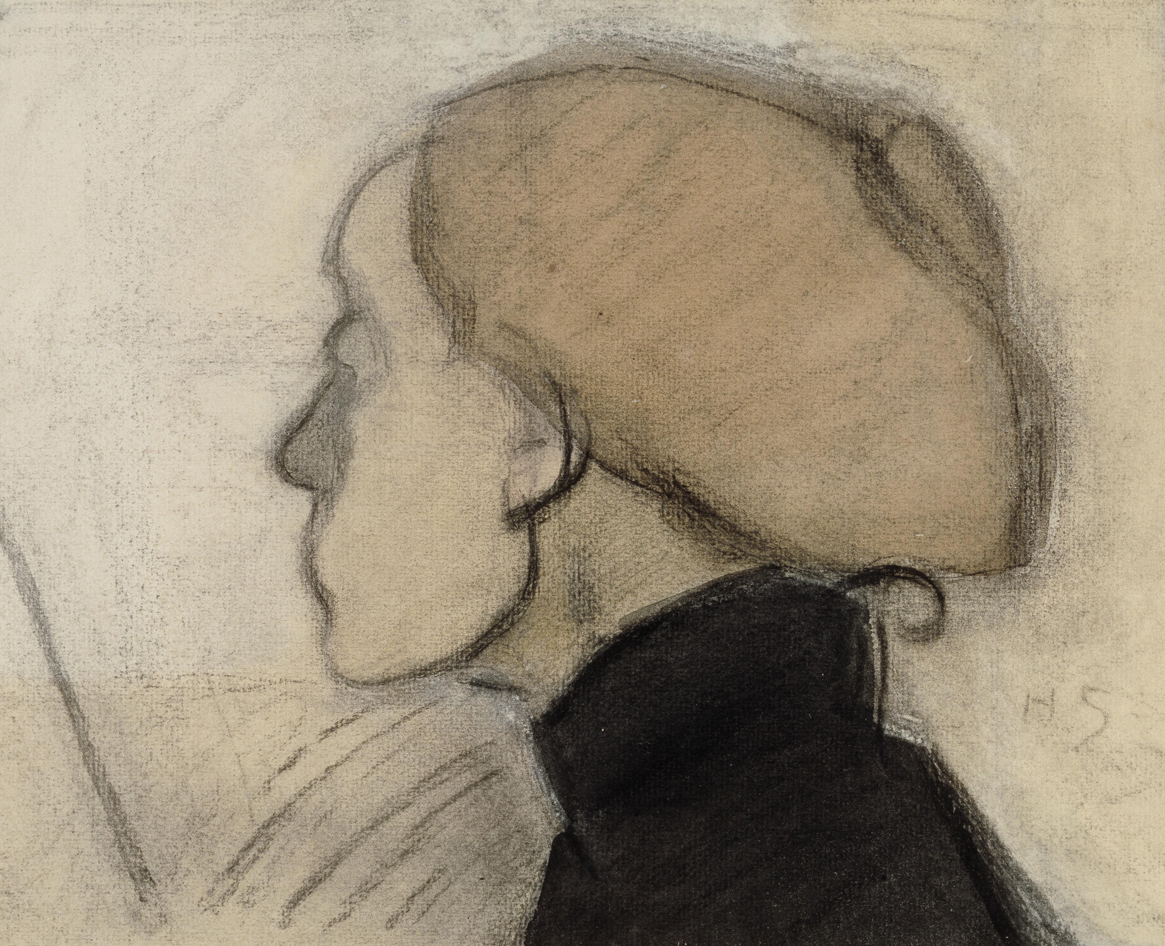 Charcoal drawing of a person in profile wearing a high neck black garment.