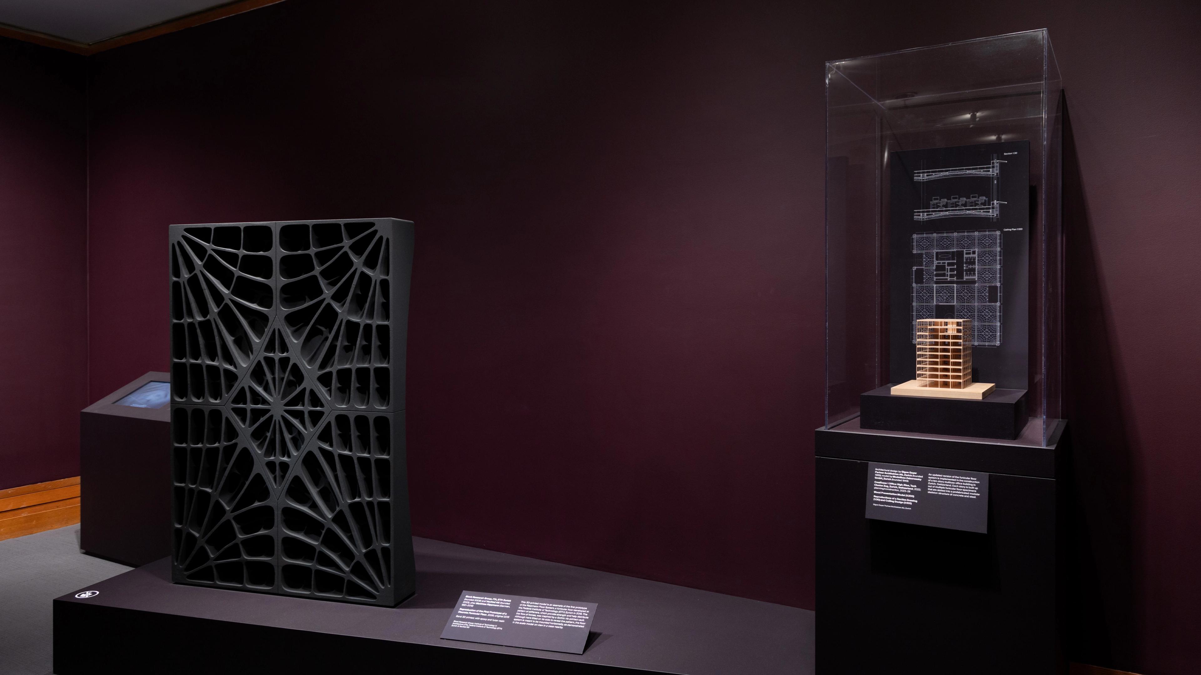 Exhibit showcasing a geometric black sculpture with web-like design next to a glass-encased architectural model on a pedestal, with descriptive plaques.