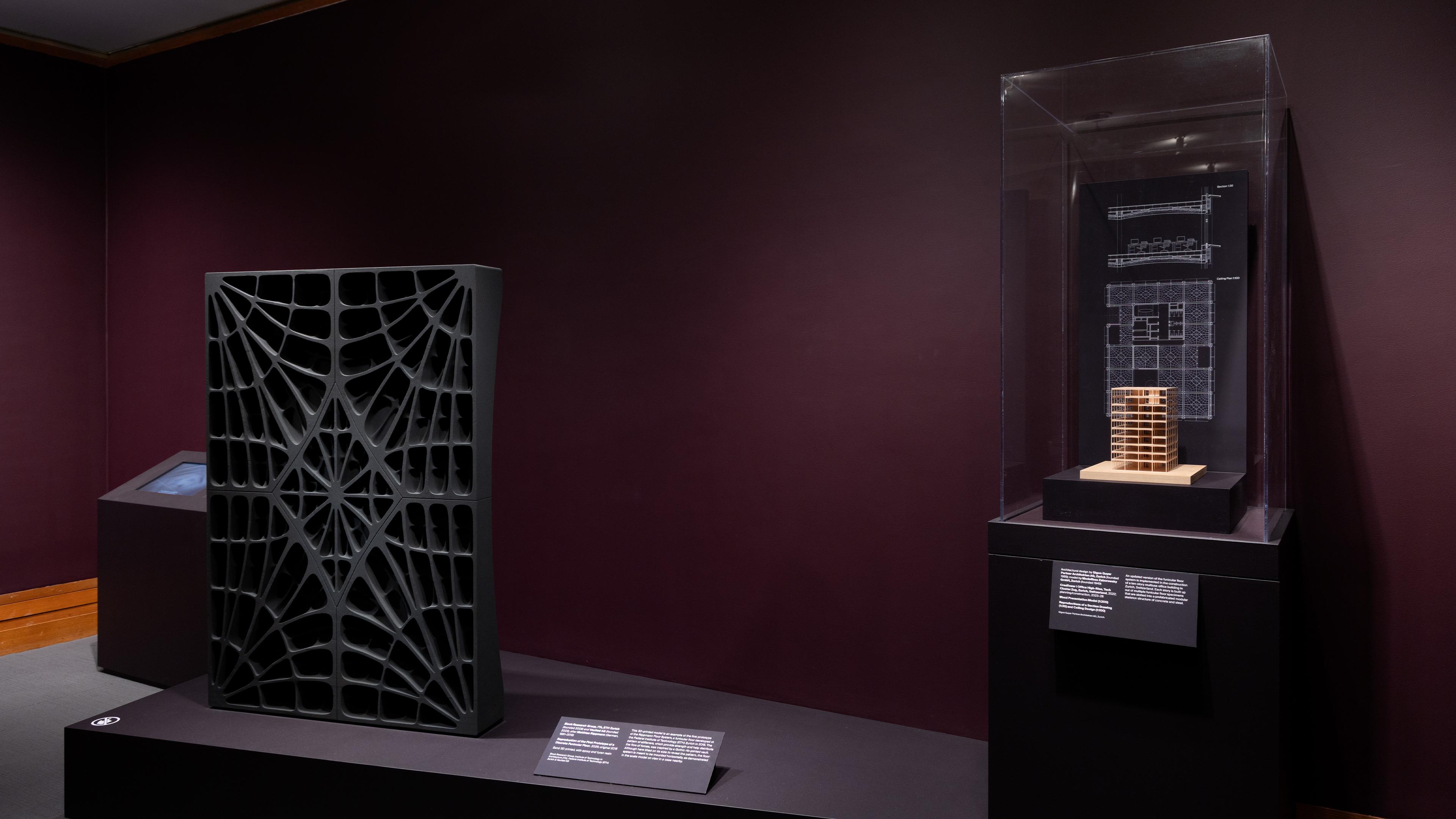 Exhibit showcasing a geometric black sculpture with web-like design next to a glass-encased architectural model on a pedestal, with descriptive plaques.