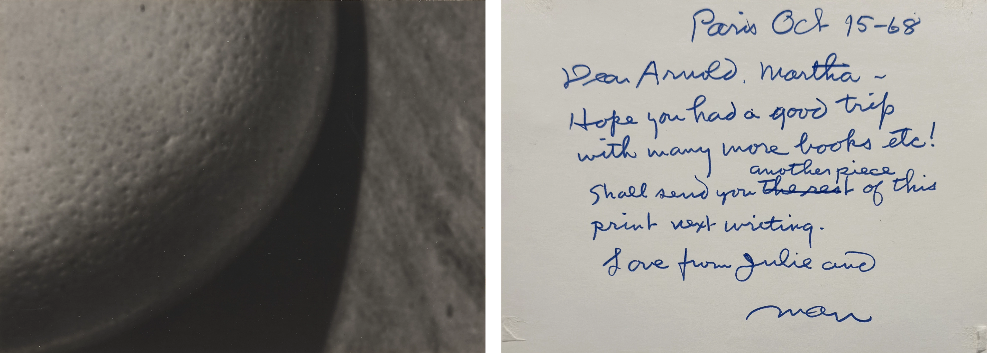 Diptych with a black-and-white abstract photograph of an ostrich egg on the left and a handwritten note on the right.