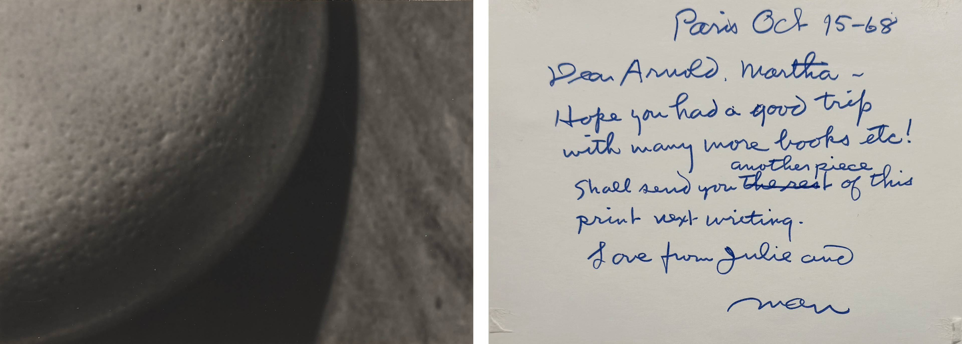 Diptych with a black-and-white abstract photograph of an ostrich egg on the left and a handwritten note on the right.