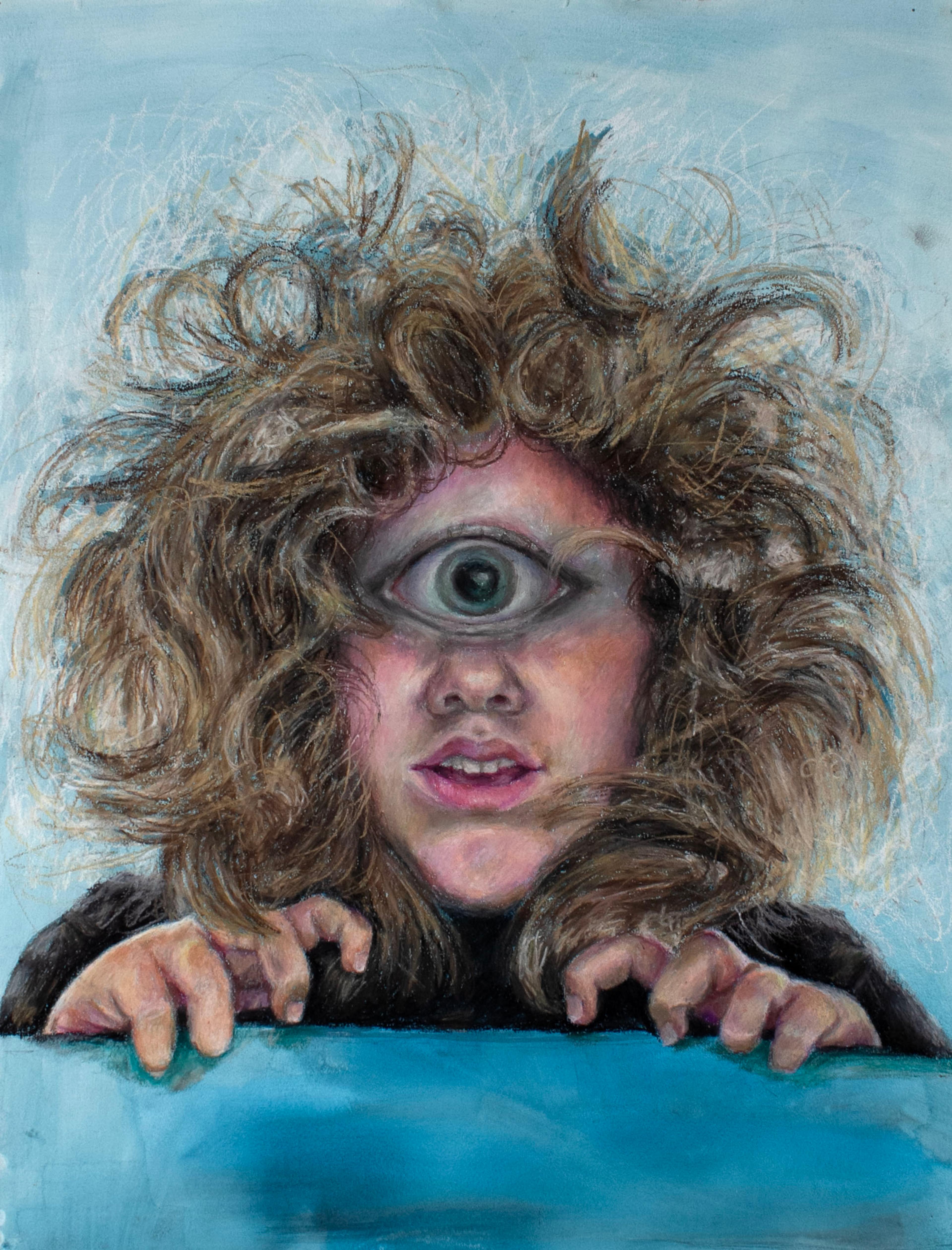 Illustration of a girl with tousled shoulder-length, sandy brown hair created with ccrylic wash, oil pastel, and pencil. The girl is leaning over a blue ledge with her hair hanging down and her fingers clutching the ledge. Her mouth is open, and she is depicted with a single, huge cyclopean eye above her nose, centered on her forehead. The girl stares directly at the viewer, and the background behind her is a pale blue.