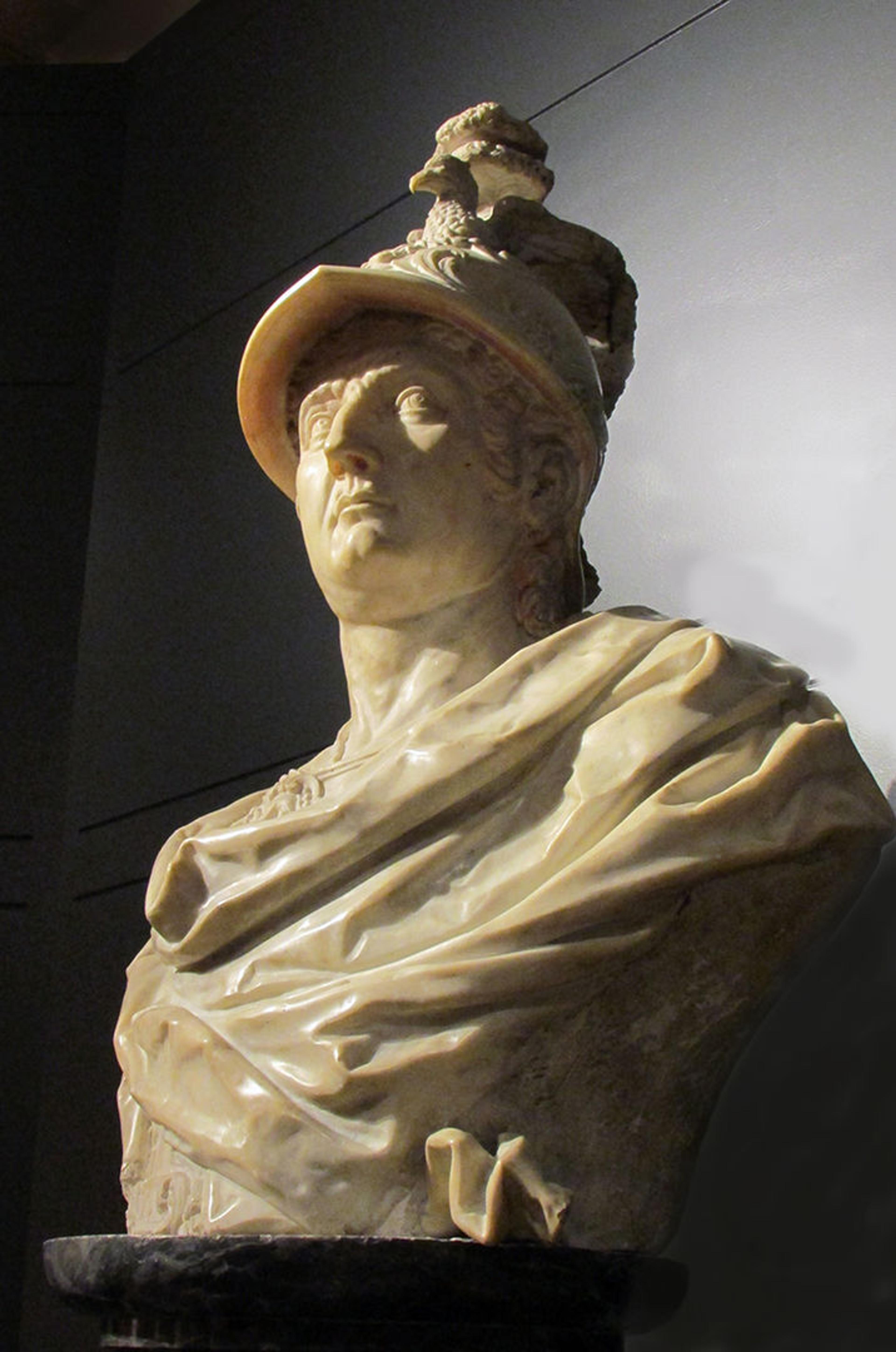 Detail of commemorative marble bust of Luigi Ferdinando Marsili dressed as a Roman general