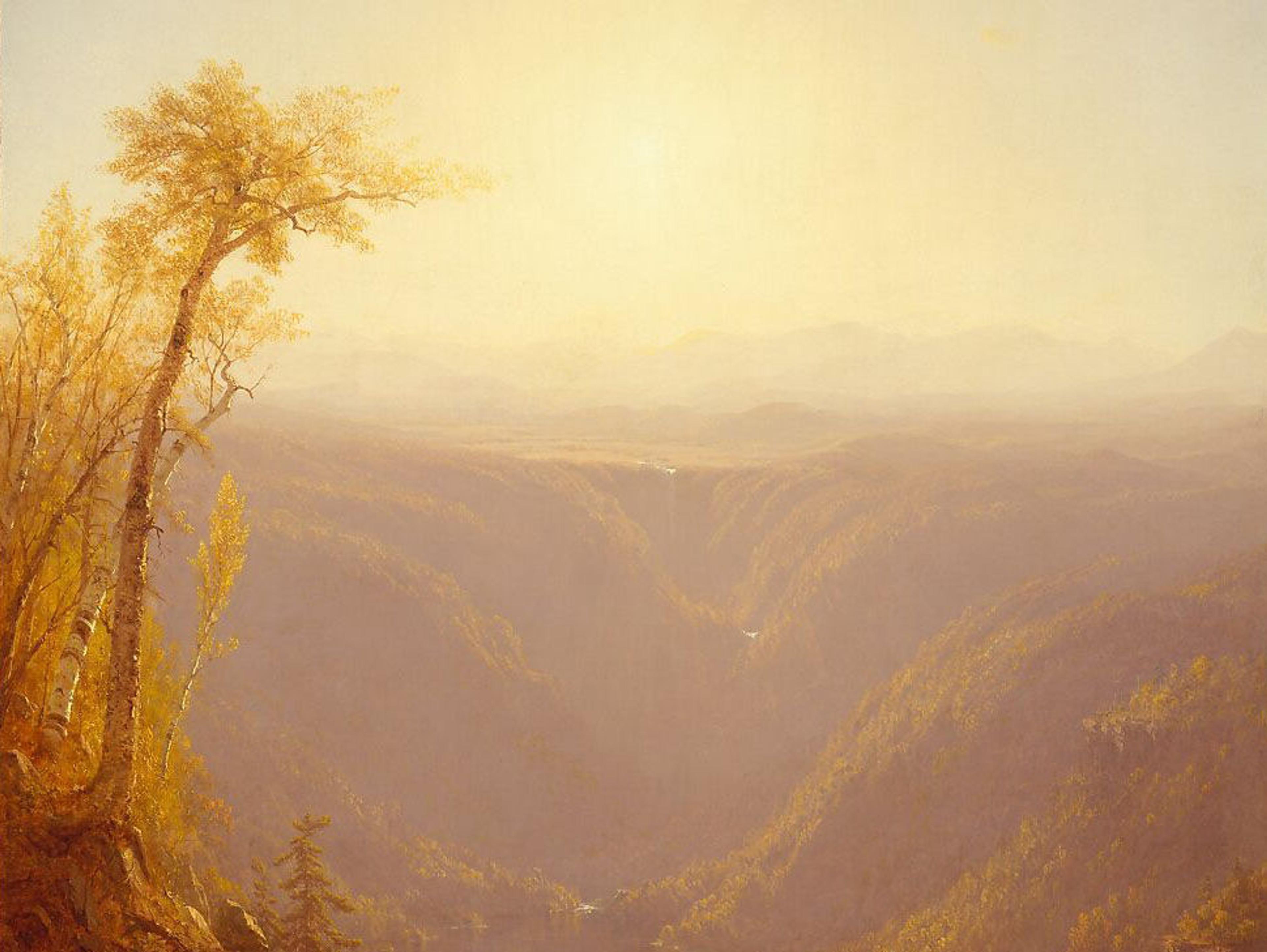 Detail from Sanford Robinson Gifford's "A Gorge in the Mountains (Kauterskill Clove), a vast landscape in mostly gold hues.