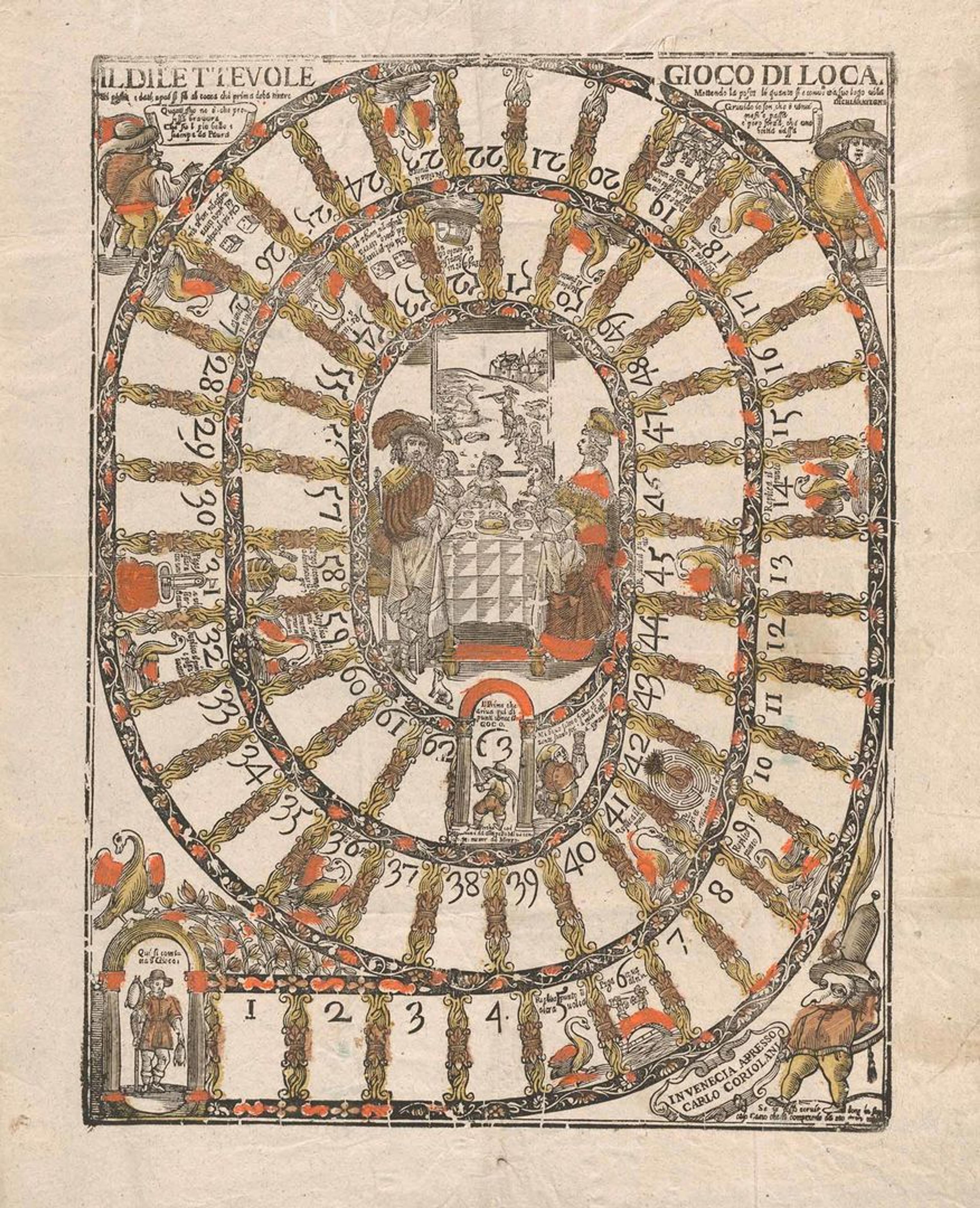 A printed board game featuring a spiraling path leading to a goal in the center, with Italian text.