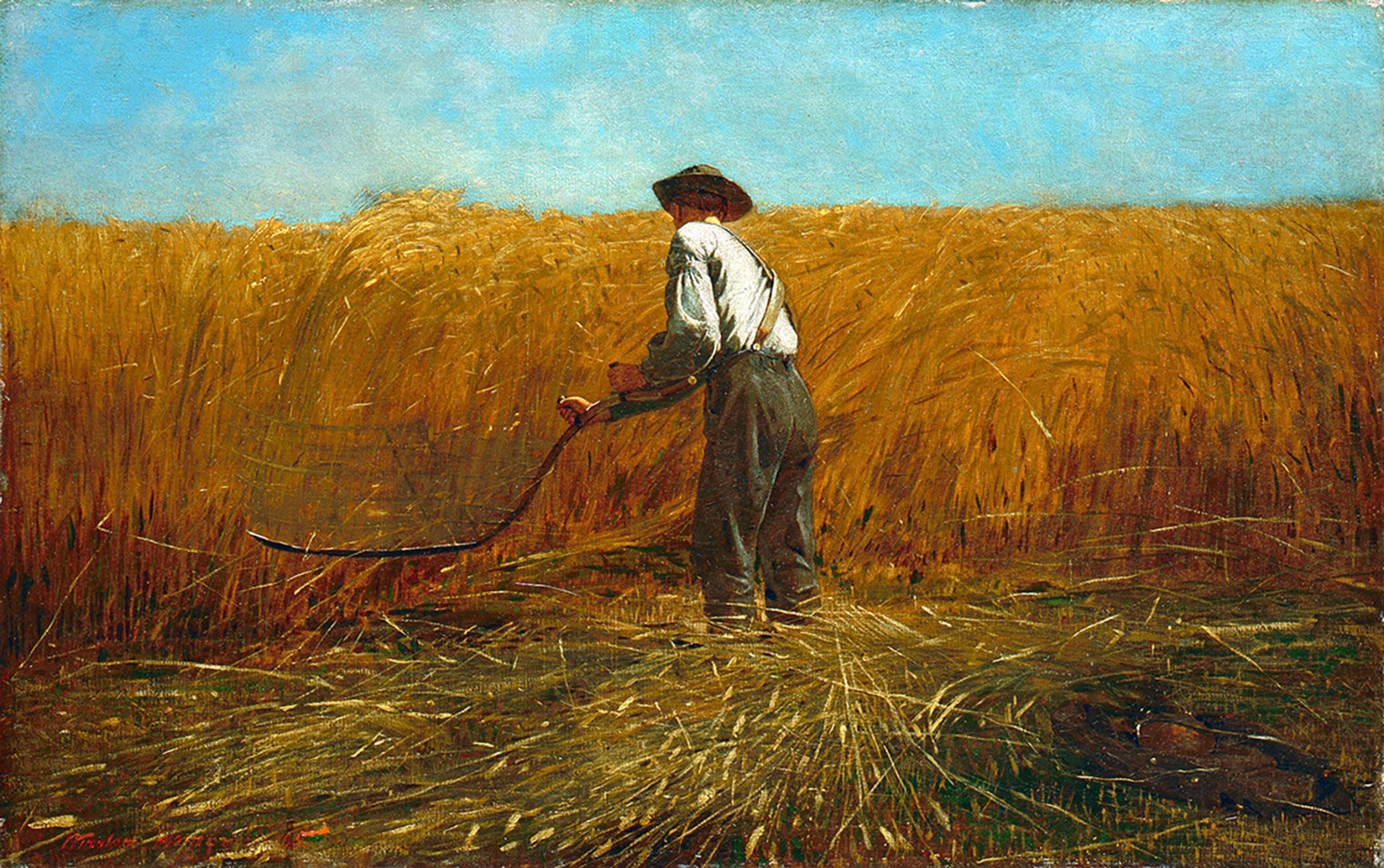A painting of a farmer reaping a field