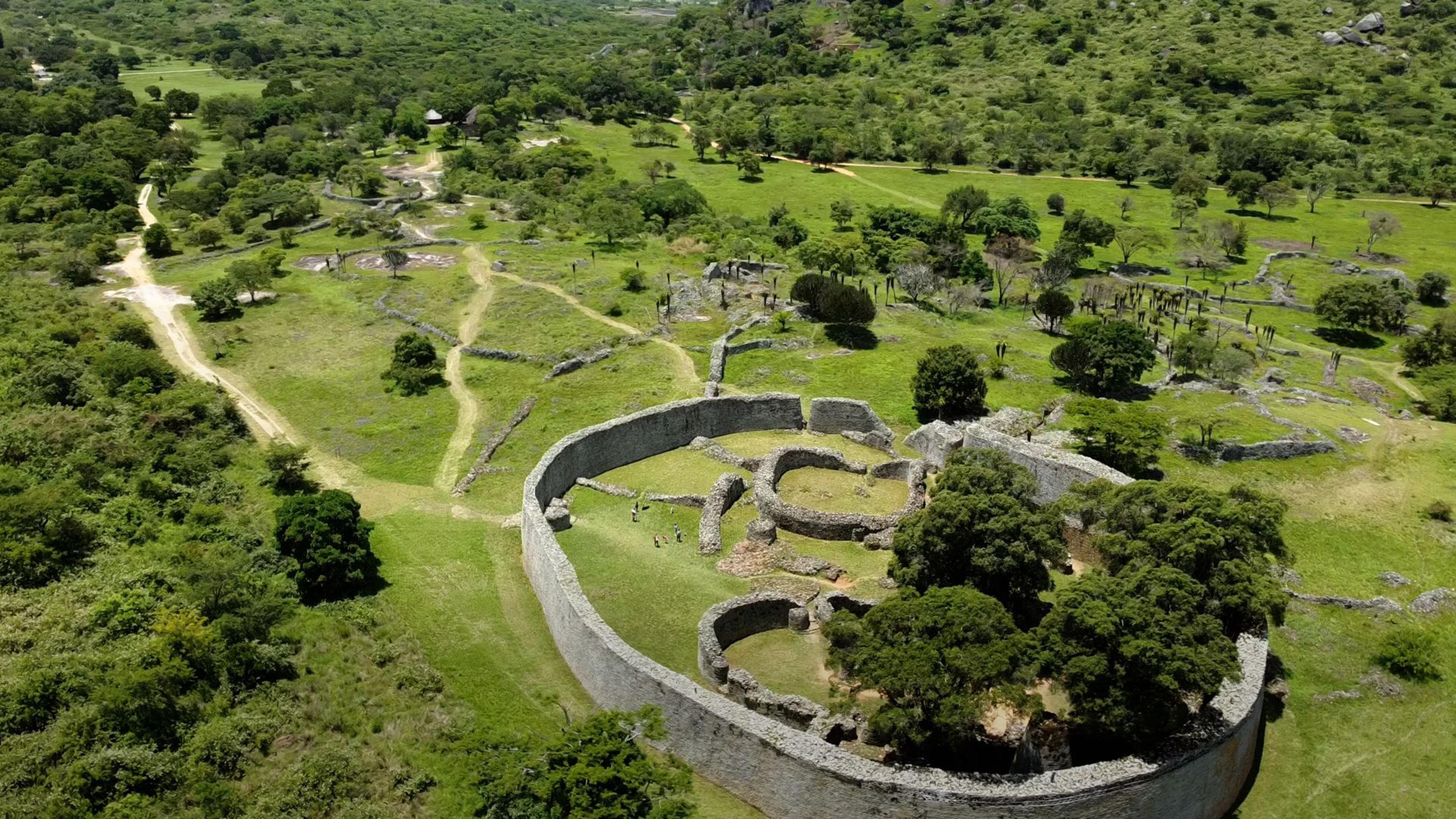 Aerial view of stone walls and trees at Great Zimbabwe