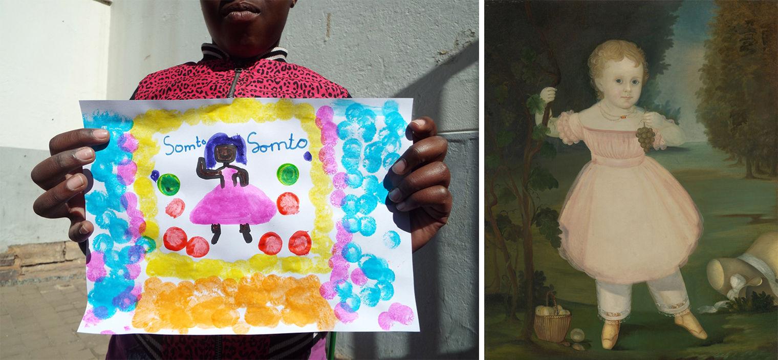 Somto (left) holds up her finished portrait, depicting a black girl in a pink dress and a colorful dotted background. She was inspired by a portrait of a little girl picking green grapes (right).