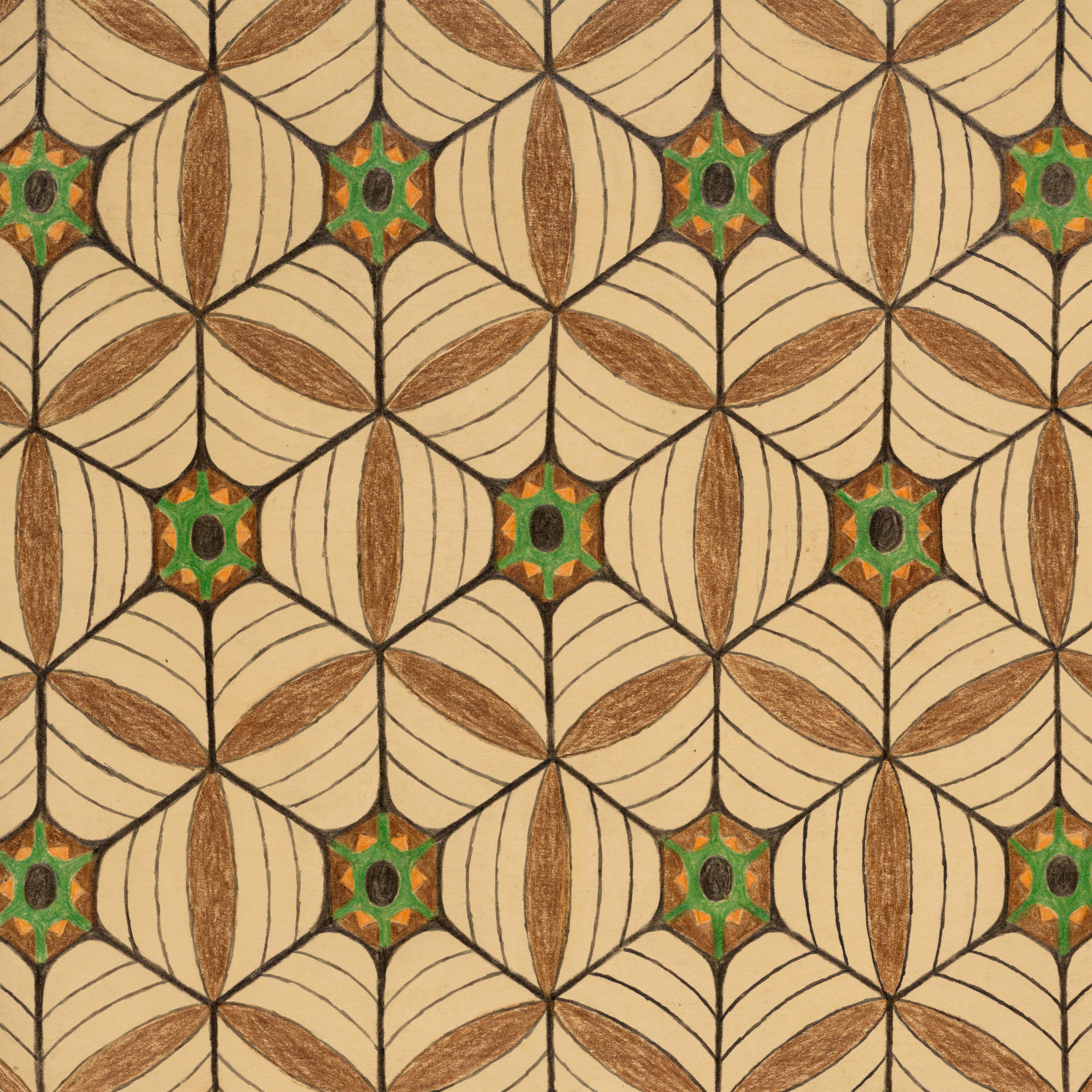 A detailed geometric tile pattern featuring leaf-like shapes in tan and white hues with green and brown accents creating a repetitive, symmetrical design. elements form star and cross shapes at the intersections.