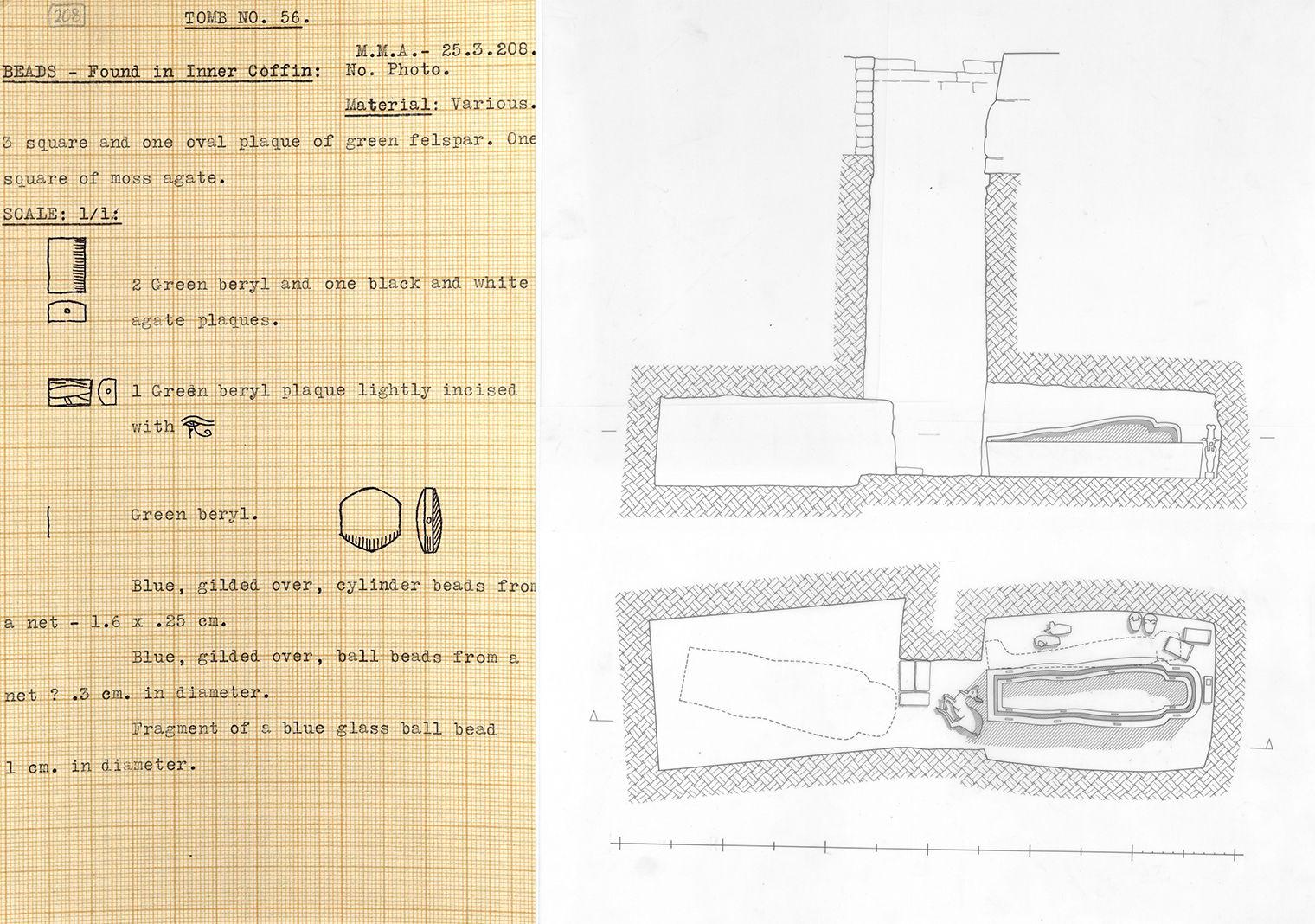 Typewritten notes with drawings on grid paper on the left and the plan and section of a tomb with a coffin in it on the right
