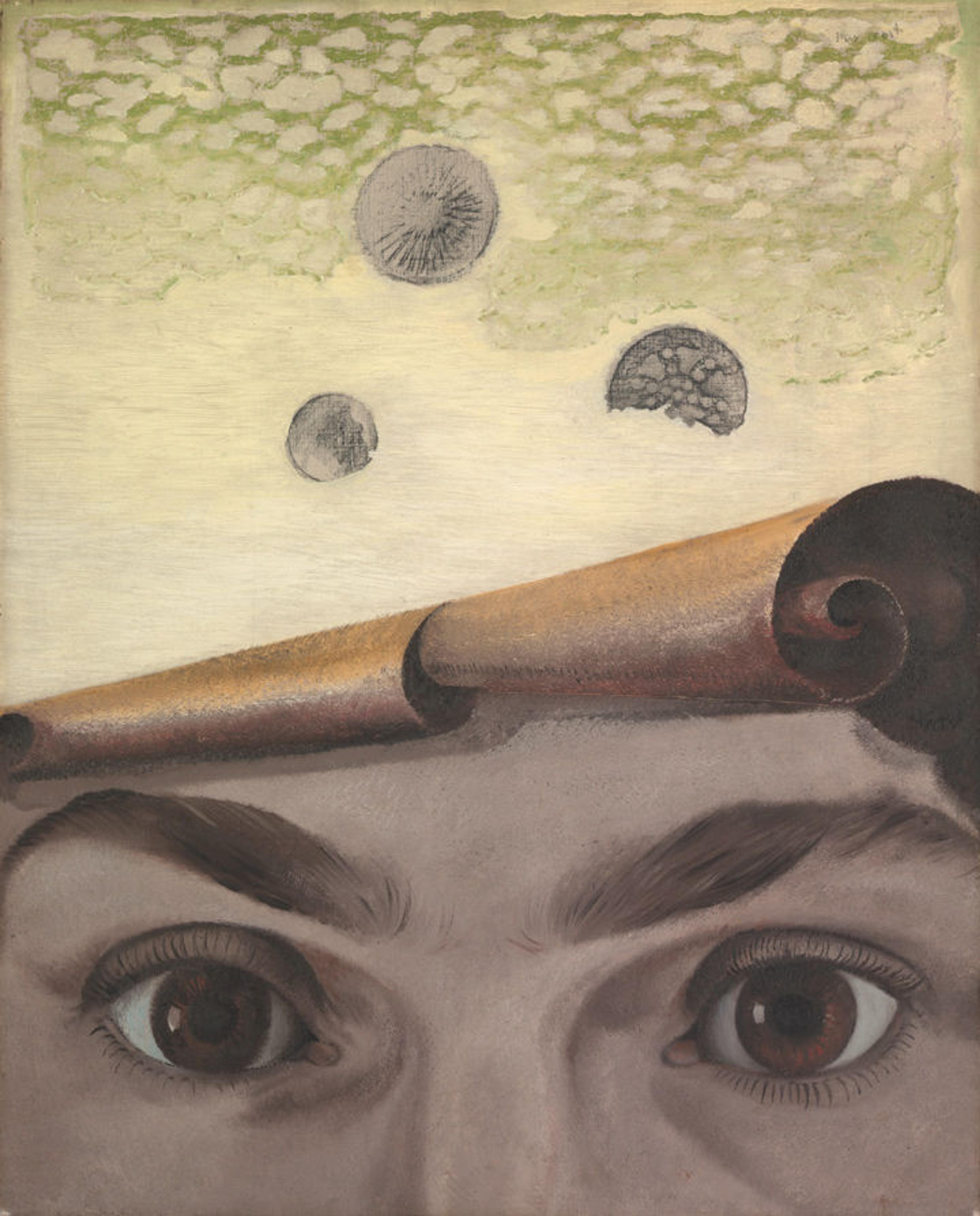 A man peers out at the audience while the top of his head unfolds revealing a golden green texture and coin-like figures.