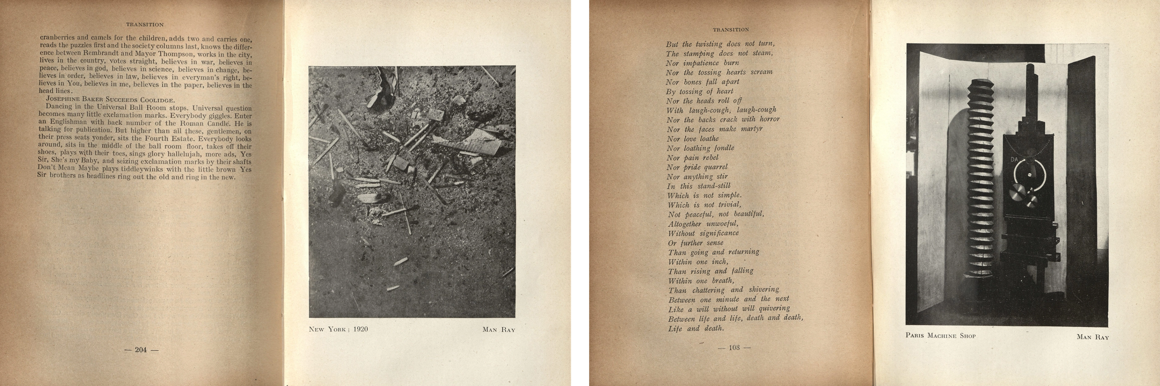 Two magazine spreads with text and black-and-white photographs on aged paper.