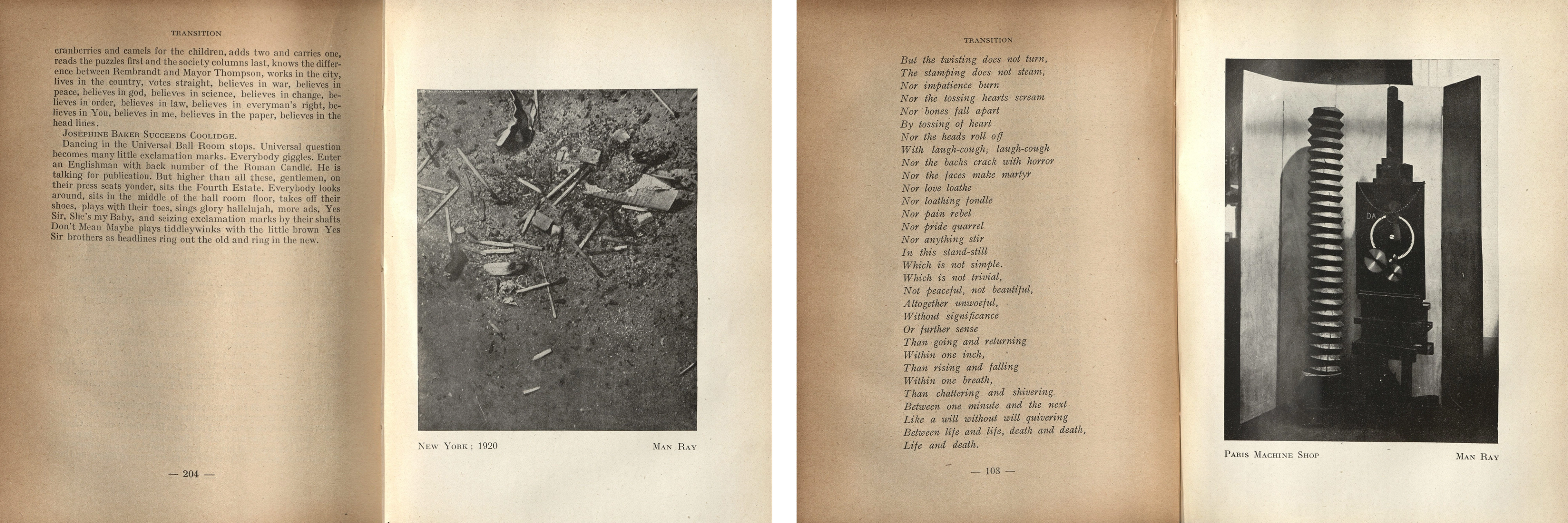 Two magazine spreads with text and black-and-white photographs on aged paper.