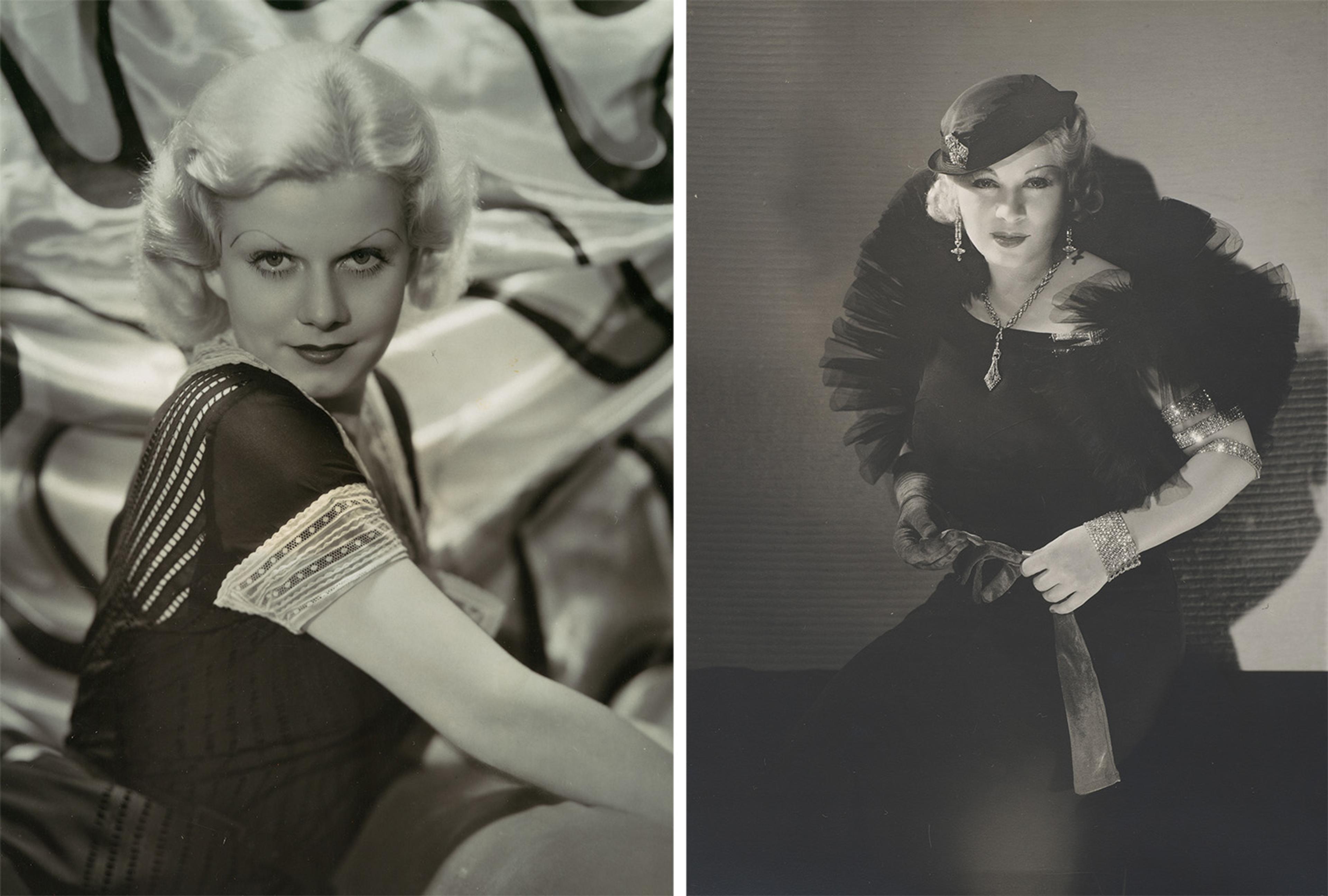 Vintage black-and-white portraits of a glamorous woman with blonde hair. Left: Seated with a confident expression, wearing a decorated dress. Right: Dressed elegantly in a fur-trimmed outfit and hat