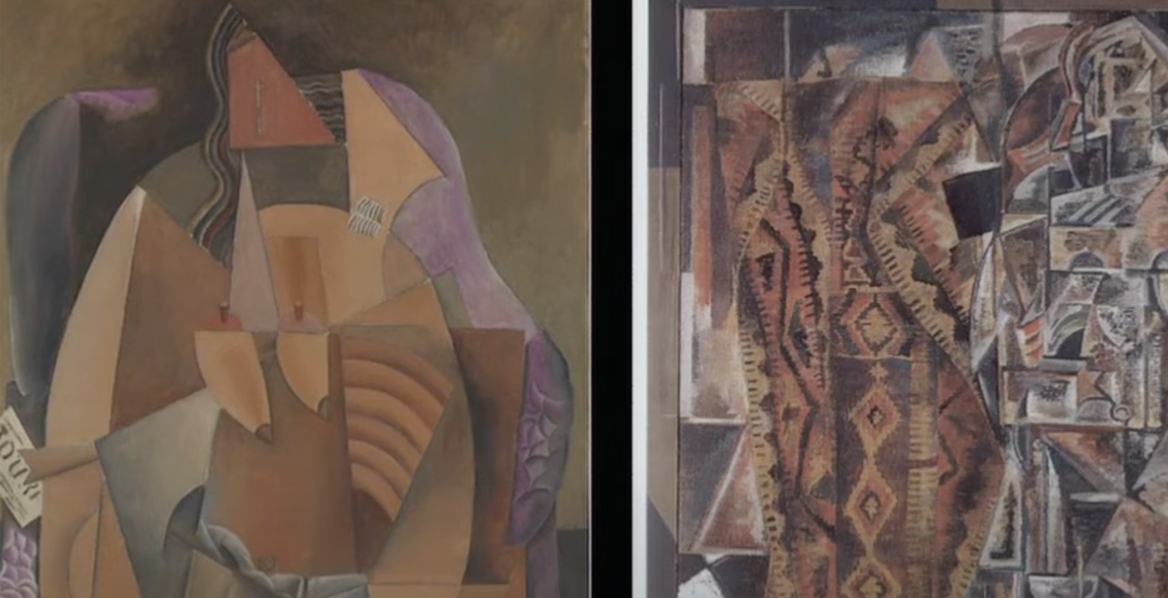 Side-by-side paintings of "Woman in a Chemise in an Armchair" by Pablo Picasso and "Women with Carpet" by Emil Filla.
