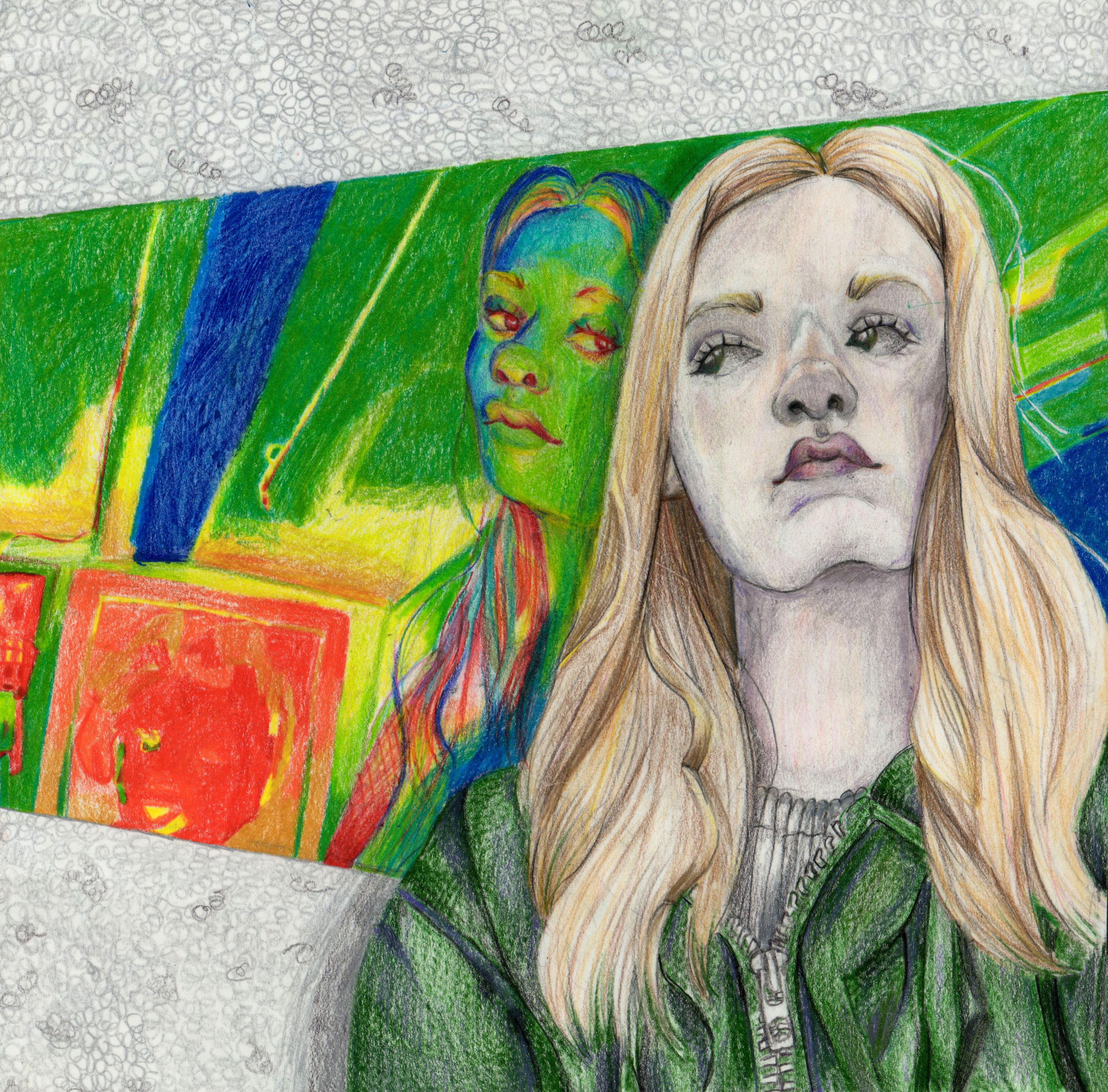 Colored pencil self-portrait of white adolescent girl with long blond hair facing the viewer. She wears a green jacket and looks over and behind her right shoulder to a green-hued reflection of her face that looks directly back at her. Her reflection is enclosed in a green surface with slanted, gray stony walls above and below. A large, bright red square shines in the left side of the reflective surface, and a thick blue beam emerges vertically from the top of the red square.