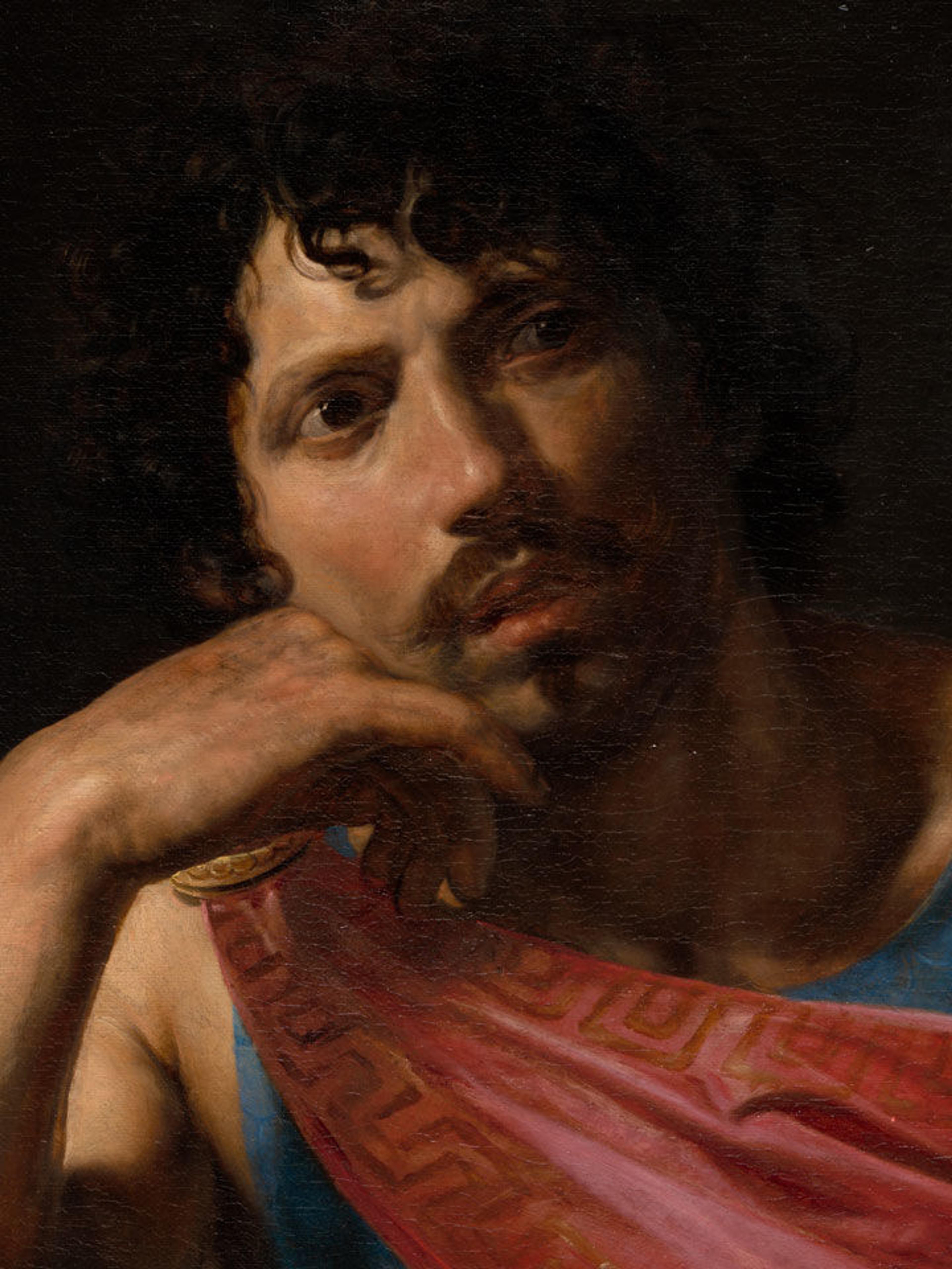 Detail view of a painting from the Italian Baroque, showing a man with black hair and a mustache cloaked in a red and blue garment