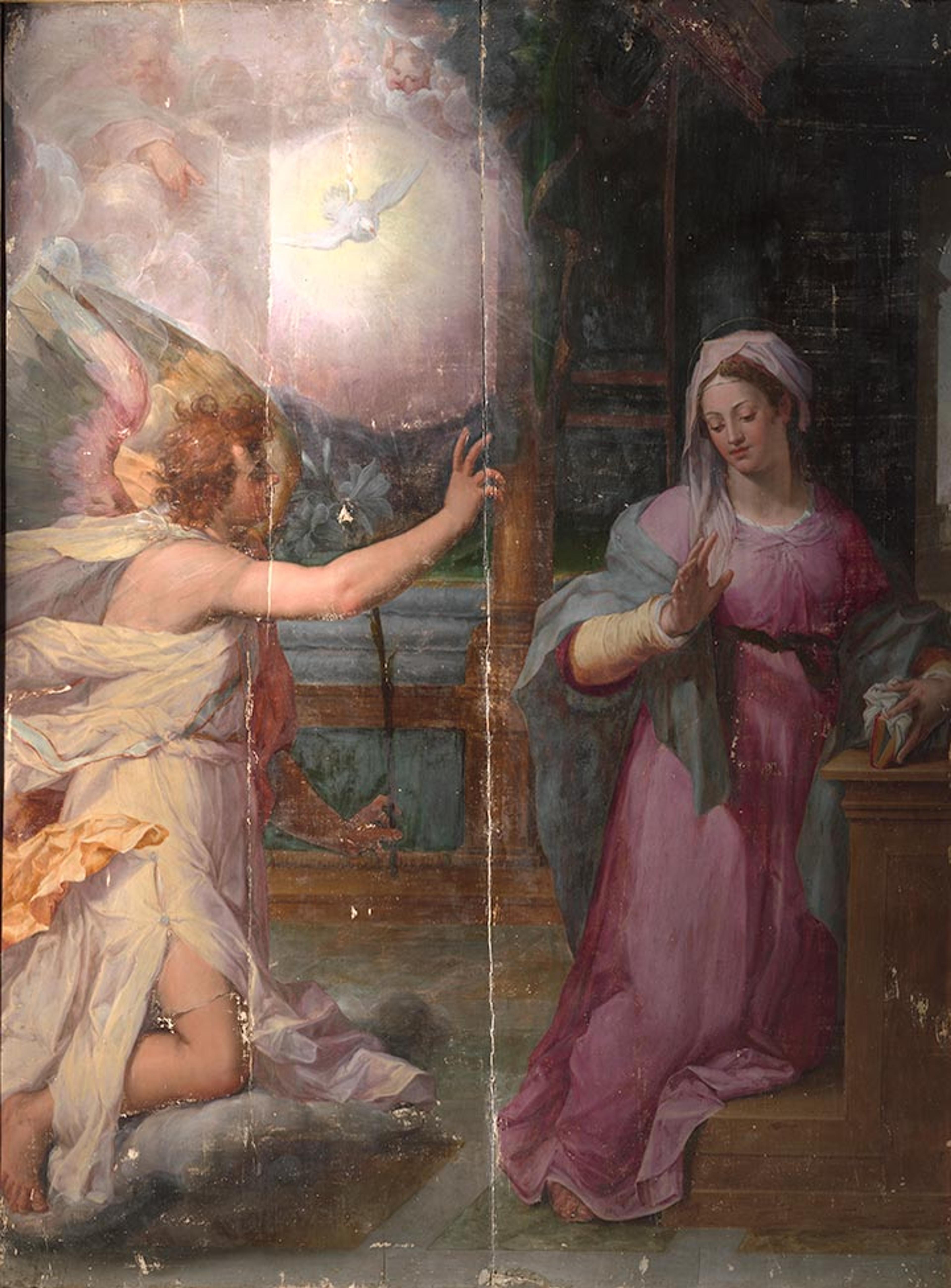 Painting of angel gesturing to Mary, showing cracks