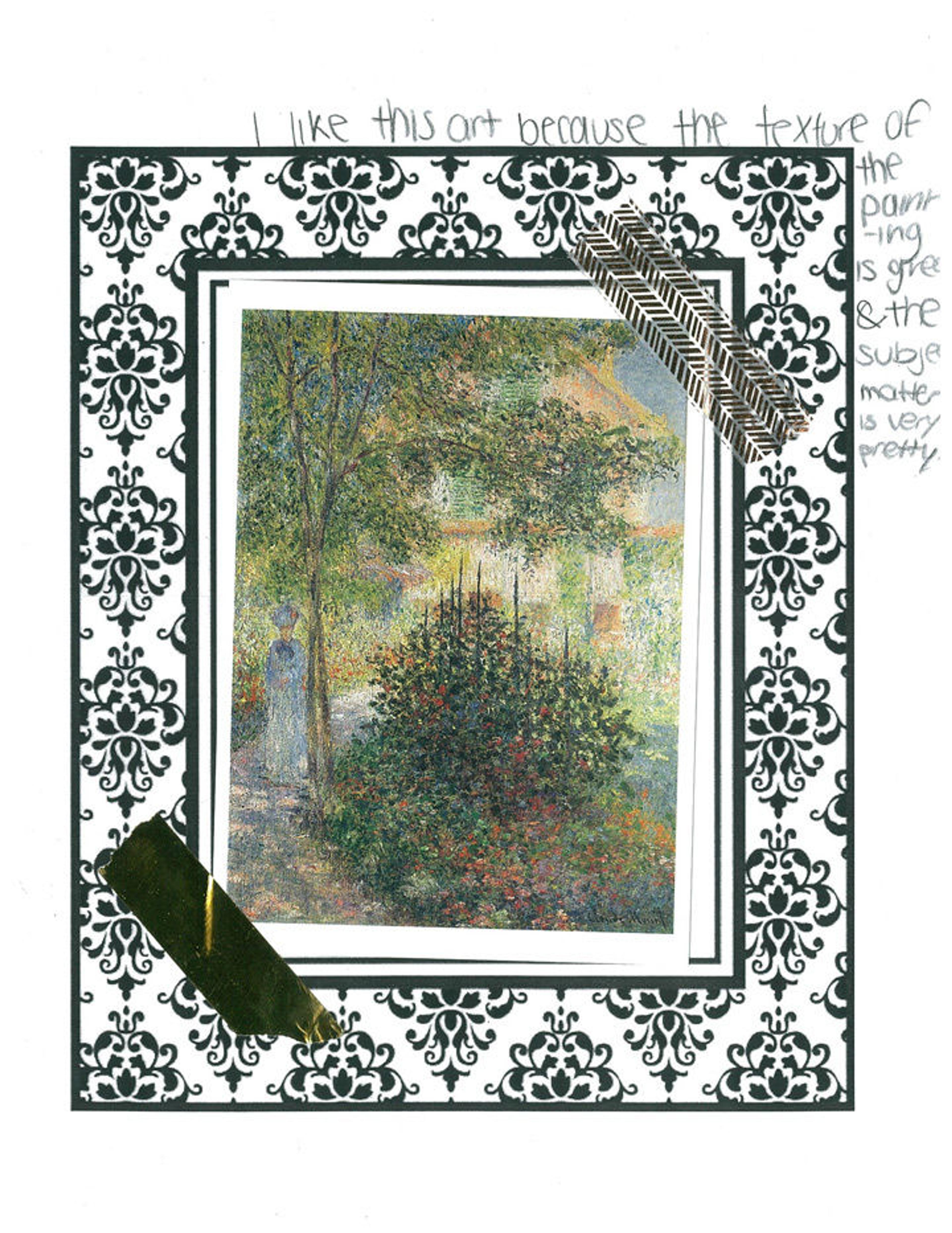 Picture of a kid's love letter to a painting by Claude Monet. The painting features Monet's wife Camille in a garden.