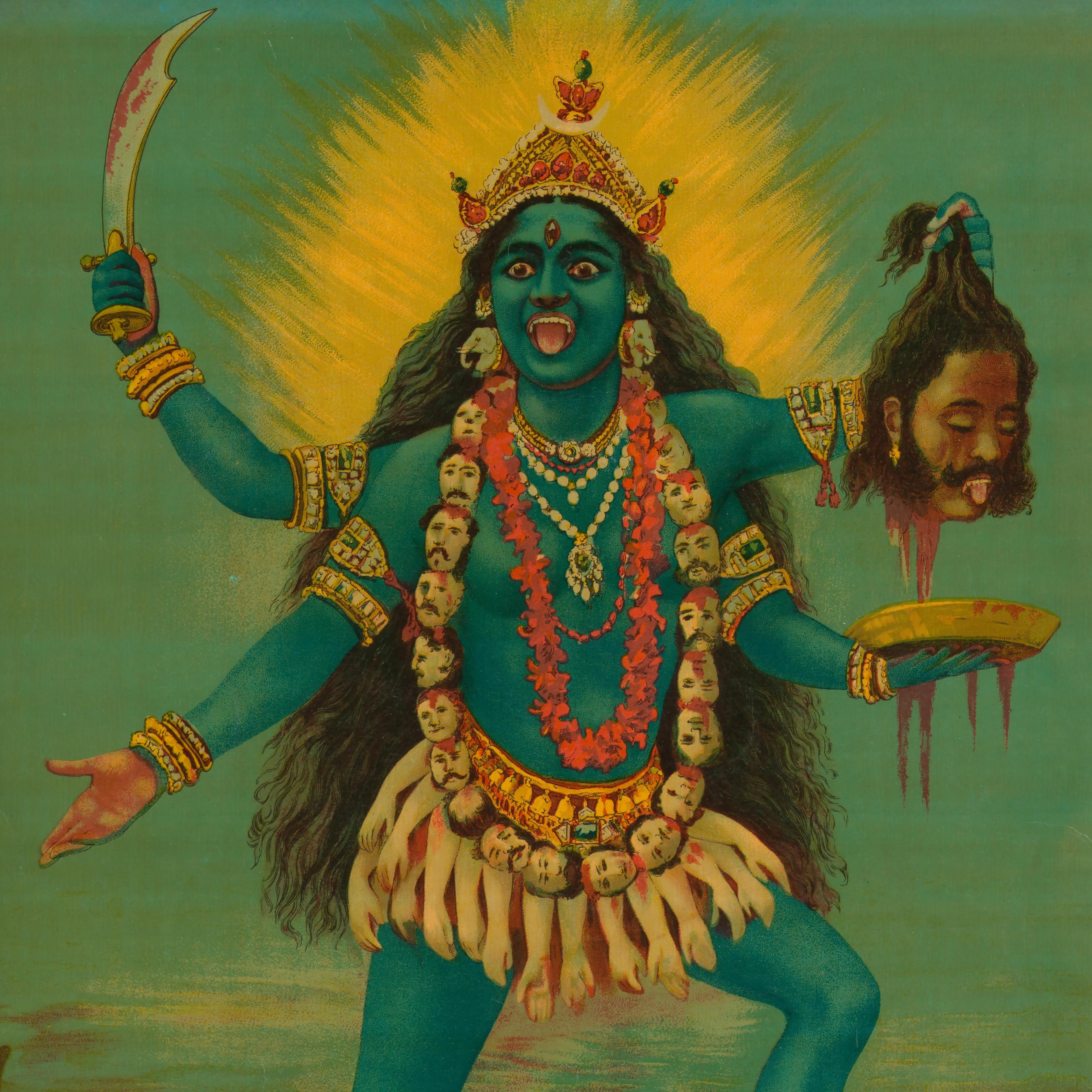 Female figure with long, dark hair and blue skin stands assertively, eyes wide and tongue out. Her multiple arms hold a sword and severed head, and she wears a necklace and belt of body parts.