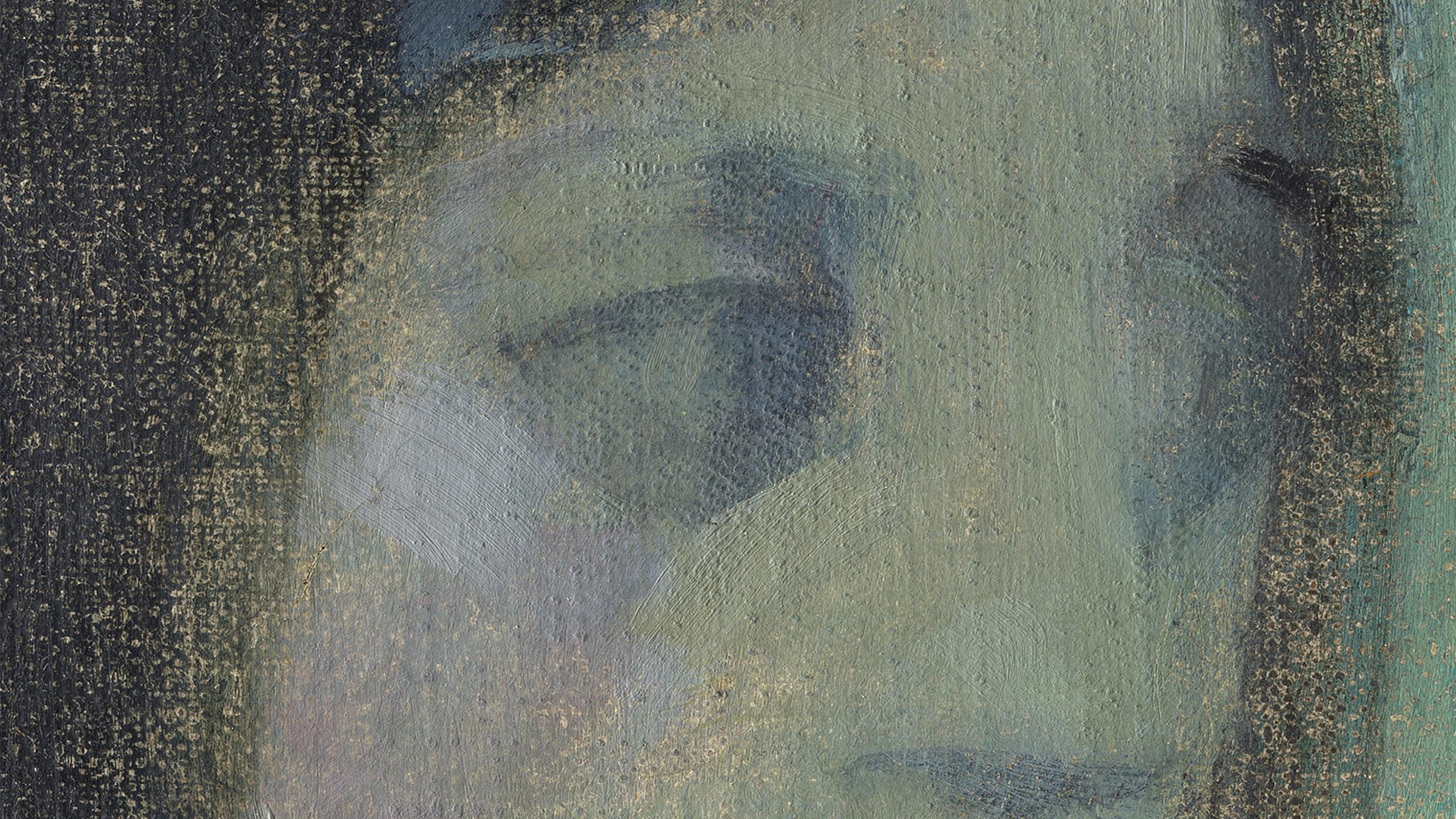 A close-up detail of a painted face rendered in muted green, blue, and gray tones.