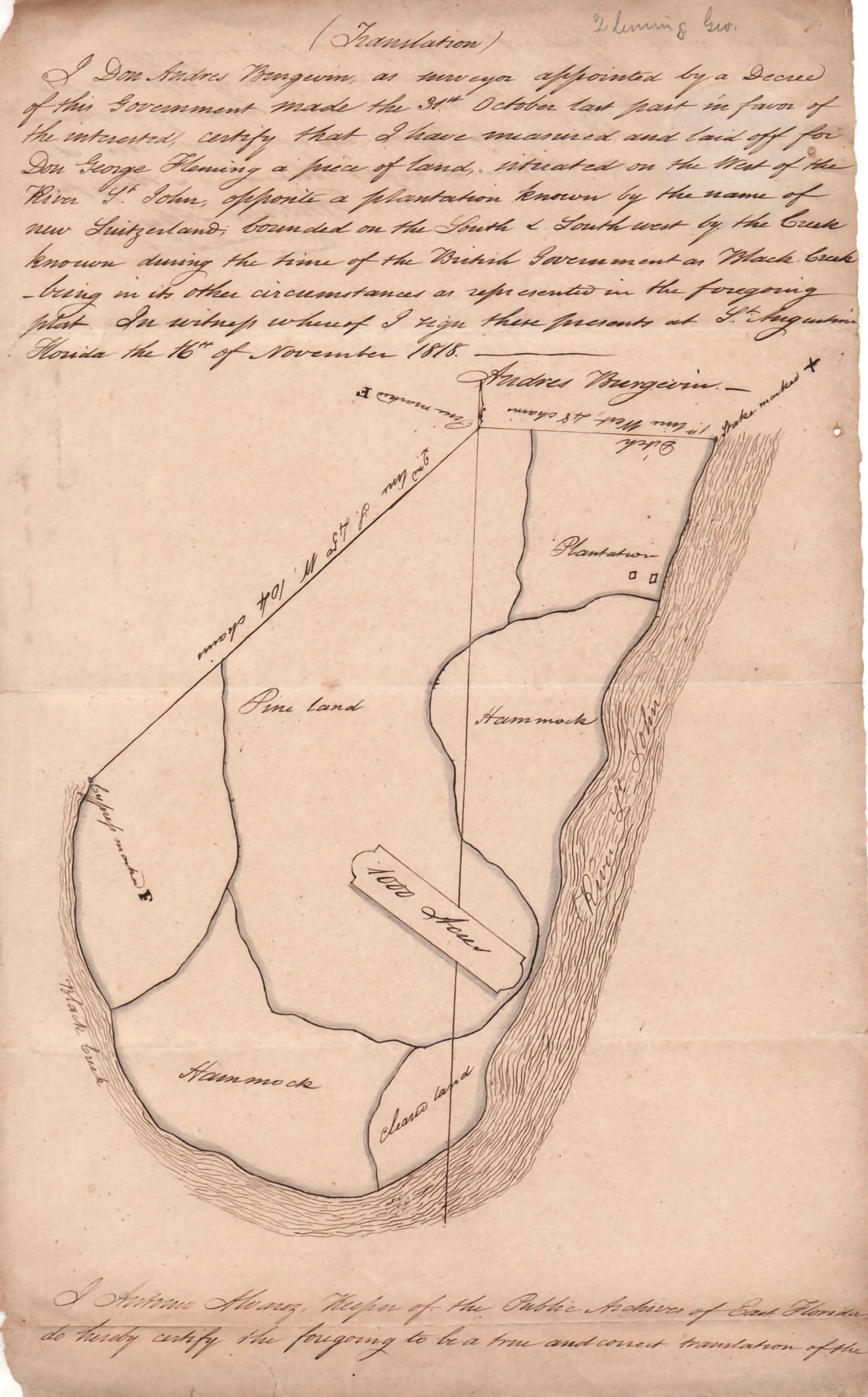 Handwritten document with a sketched map showing land areas labeled plantation, hammock, and pine land.