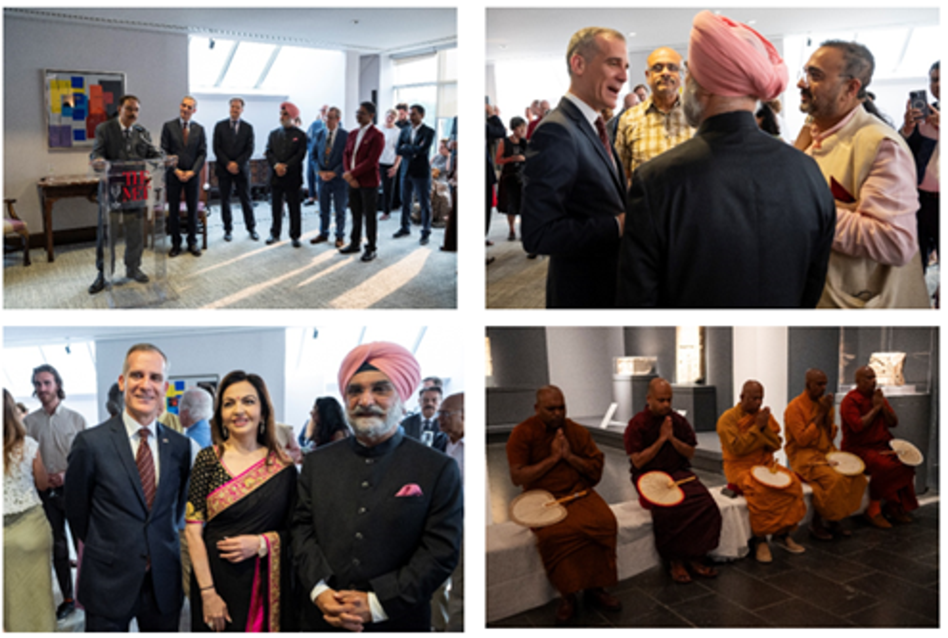 Images (clockwise from top left): Dr. B. R. Mani delivers remarks at the opening reception; Ambassador Eric Garcetti speaks with Ambassador Taranjit Singh Sandhu and guests at the opening reception; Monks of the New York Buddhist Vihara delivered a special blessing of the exhibition; Ambassador Eric Garcetti, Nita Ambani, and Ambassador Taranjit Singh Sandhu at the opening reception. Photos by Paula Lobo.