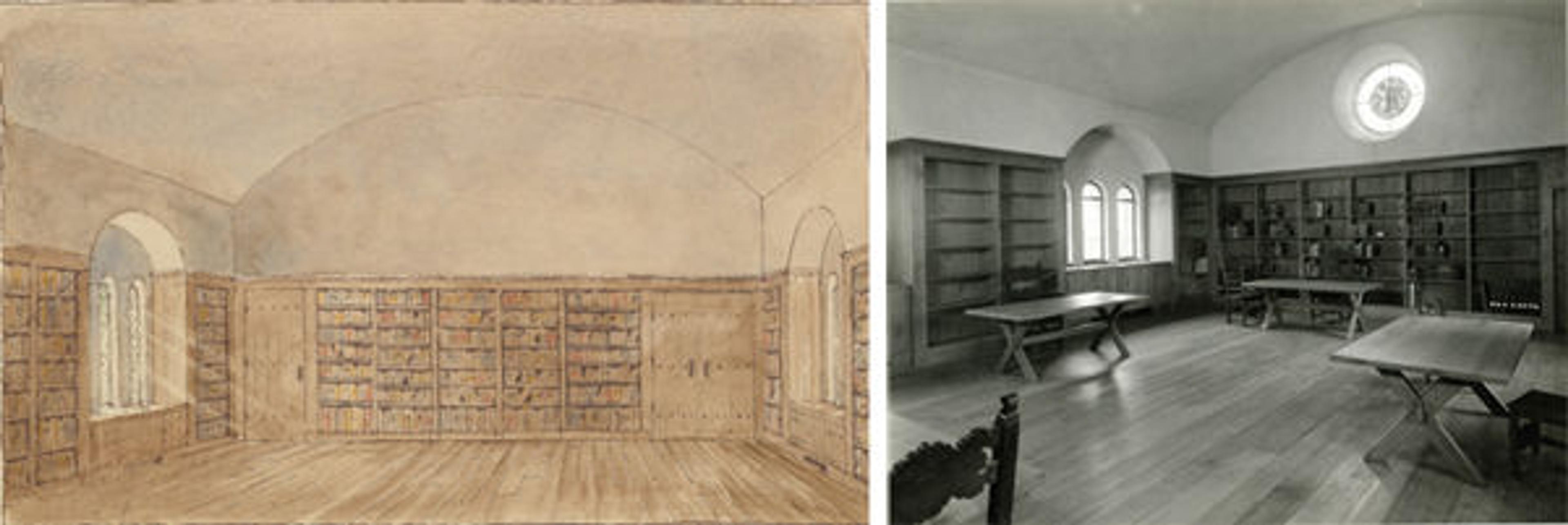 Left: 1936 design for the library reading room. Right: Newly arrived books being installed in the library, early 1938