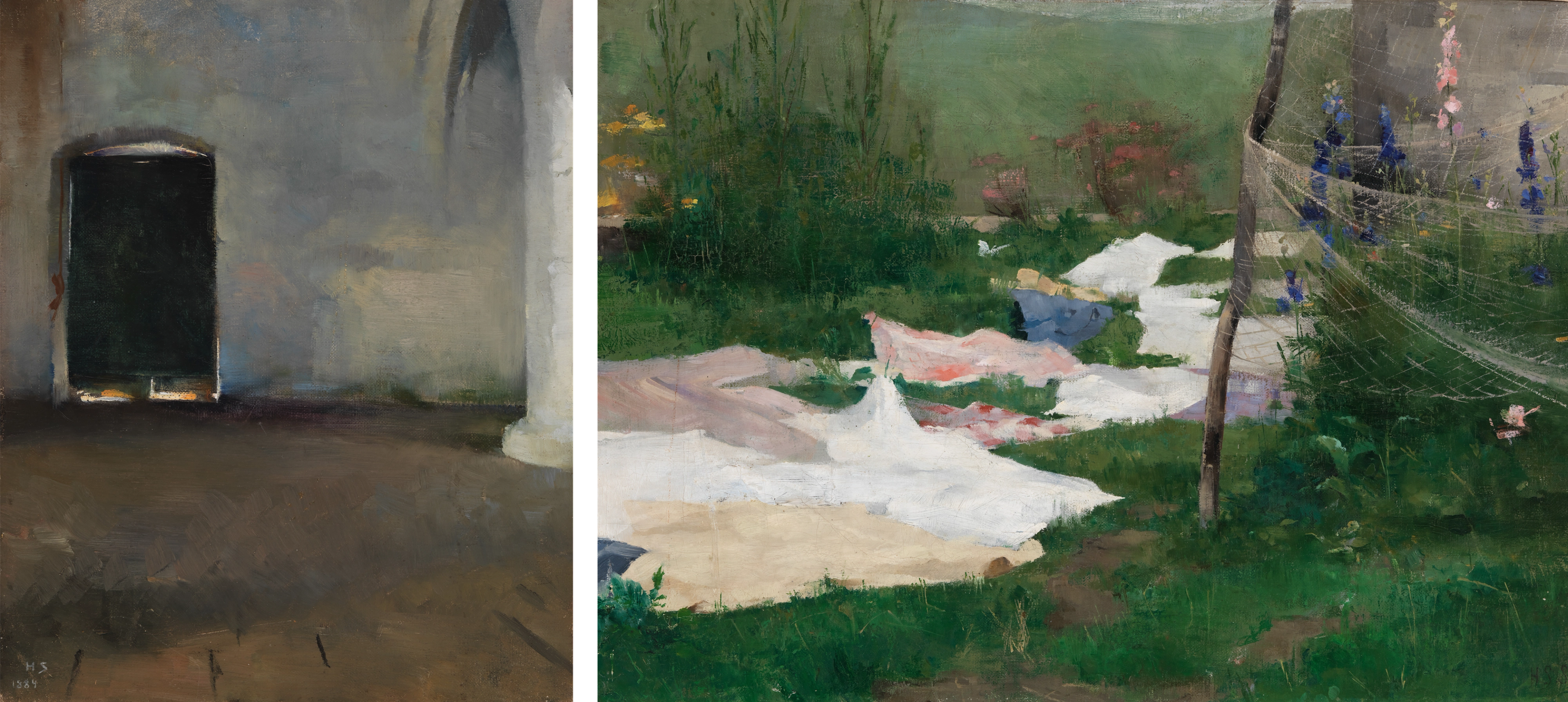 Two paintings shown side by side: on the left is a dark door next to an archway; on the right, laundry is laid out on the grass to dry.