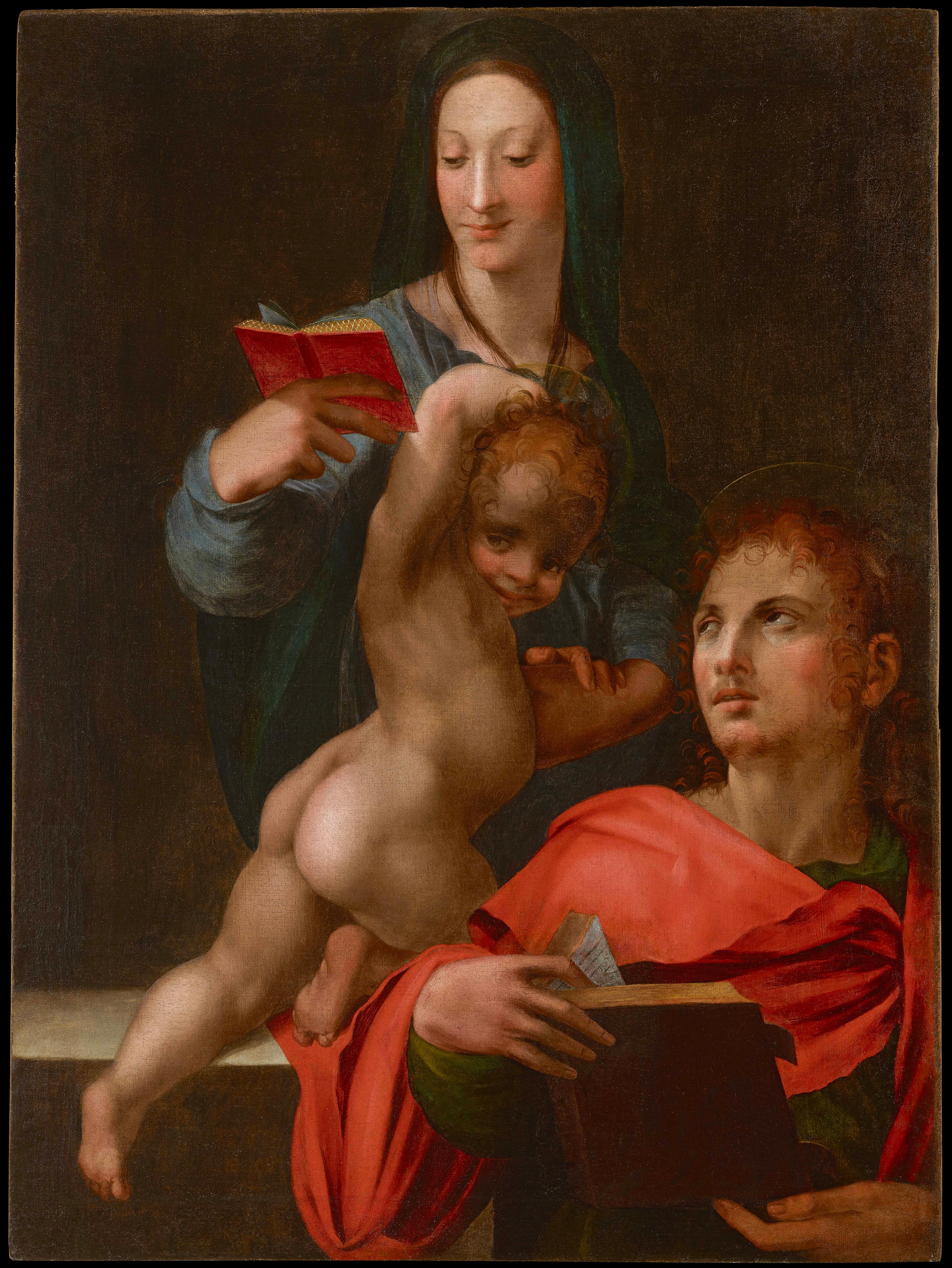 A woman in a cloak holding a book holds onto a leaping child. A man on the bottom right corner holds a book.