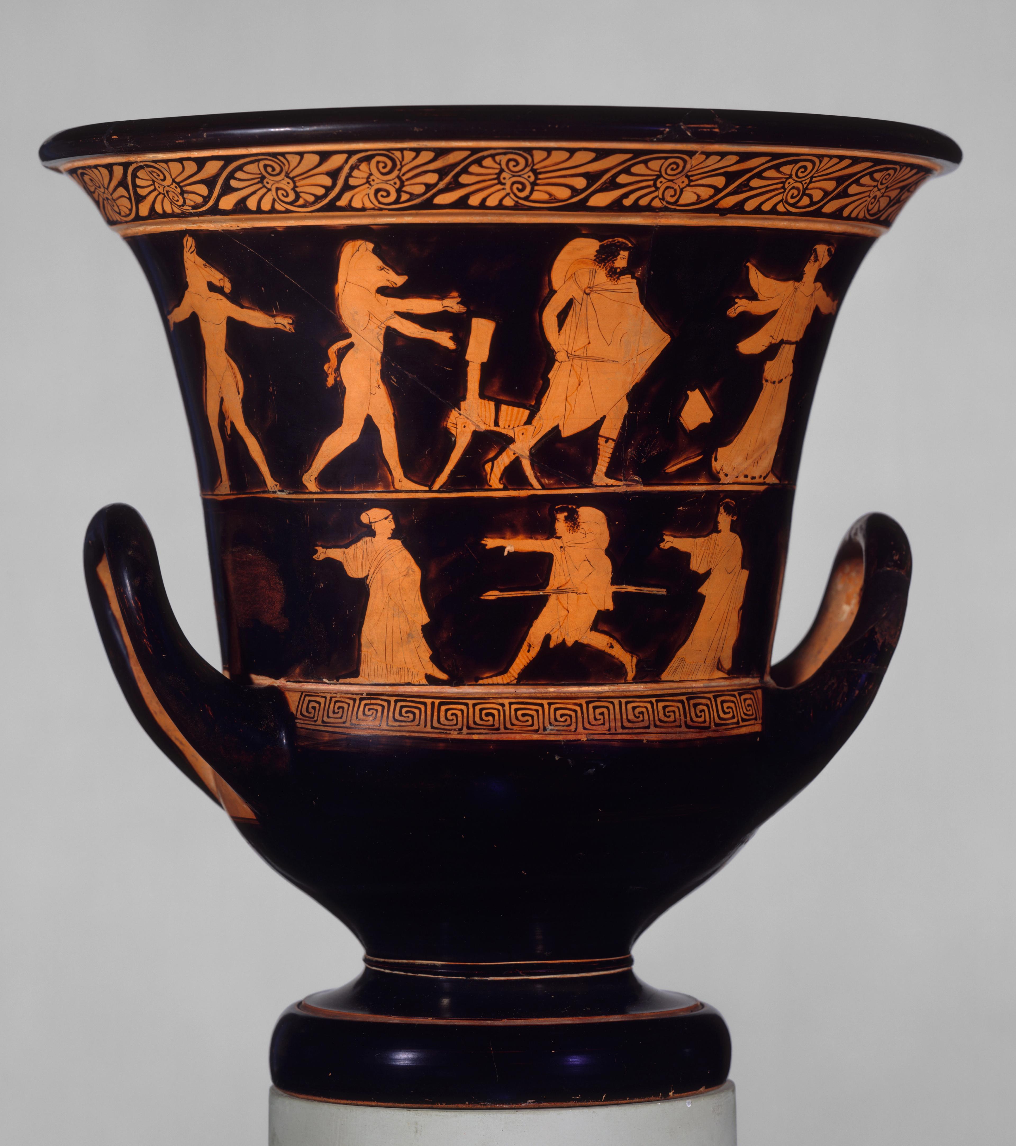 Black bowl showing a procession of red figures. Led by a woman, the figures who follow appear as human-animal hybrids with the exception of one man.