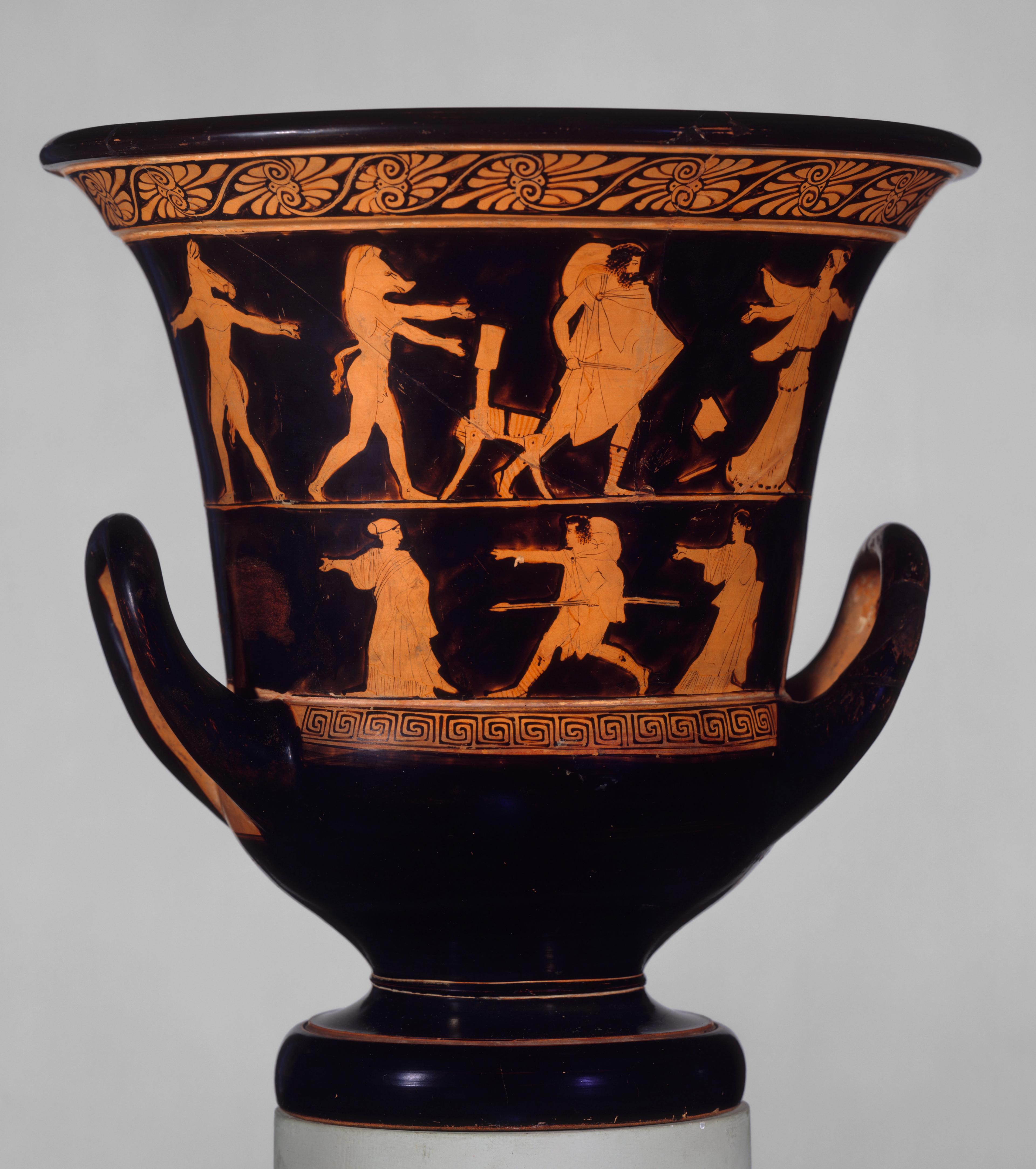 Black bowl showing a procession of red figures. Led by a woman, the figures who follow appear as human-animal hybrids with the exception of one man.