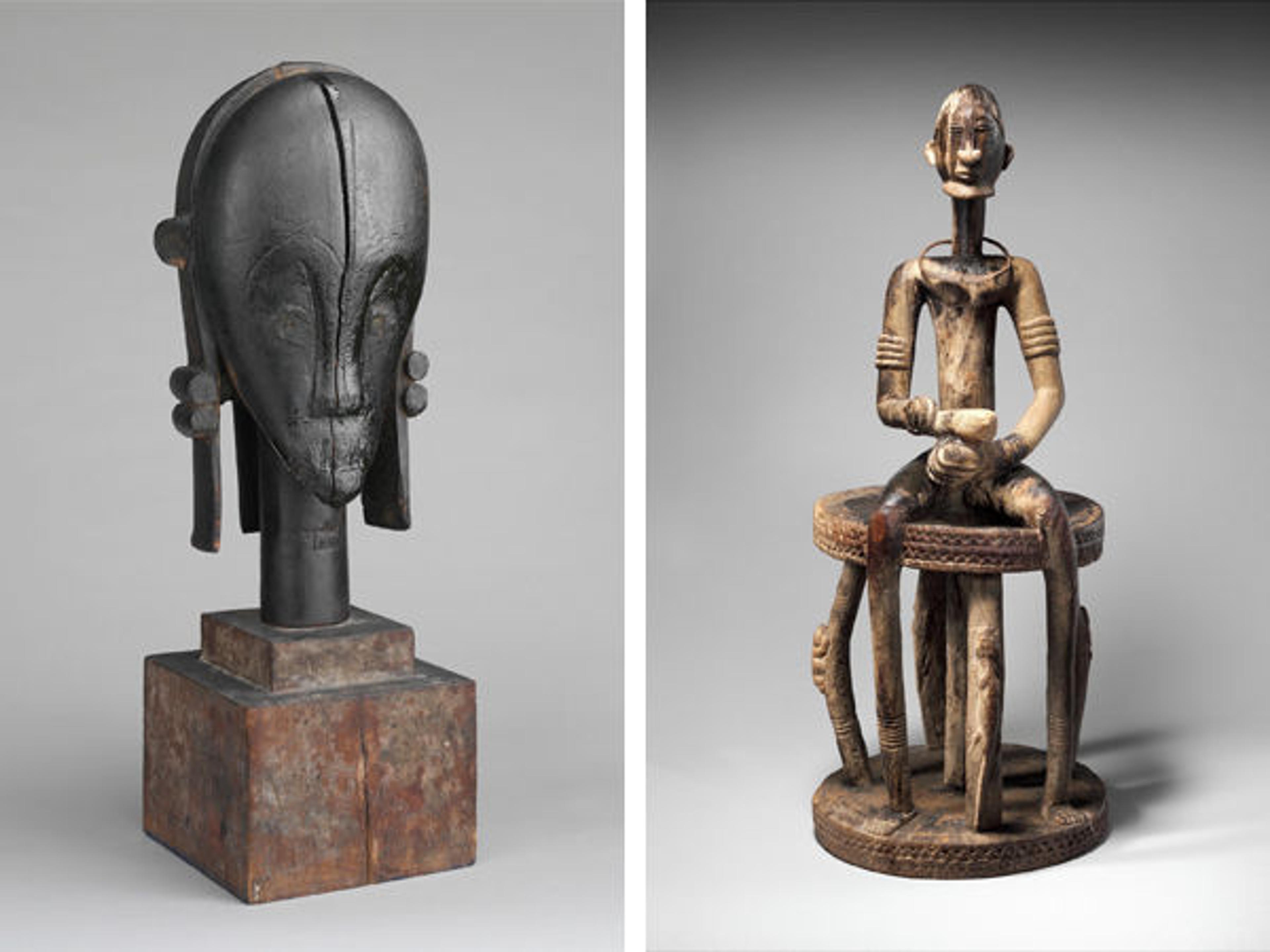 Left: Sculptural Element from a Reliquary Ensemble: Head (The Great Bieri). Gabon, 19th–early 20th century. Right: Figure: Seated Male on Stool. Mali, 16th–20th century.