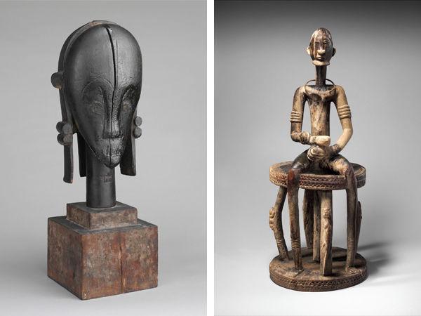 Left: Sculptural Element from a Reliquary Ensemble: Head (The Great Bieri). Gabon, 19th–early 20th century. Right: Figure: Seated Male on Stool. Mali, 16th–20th century.
