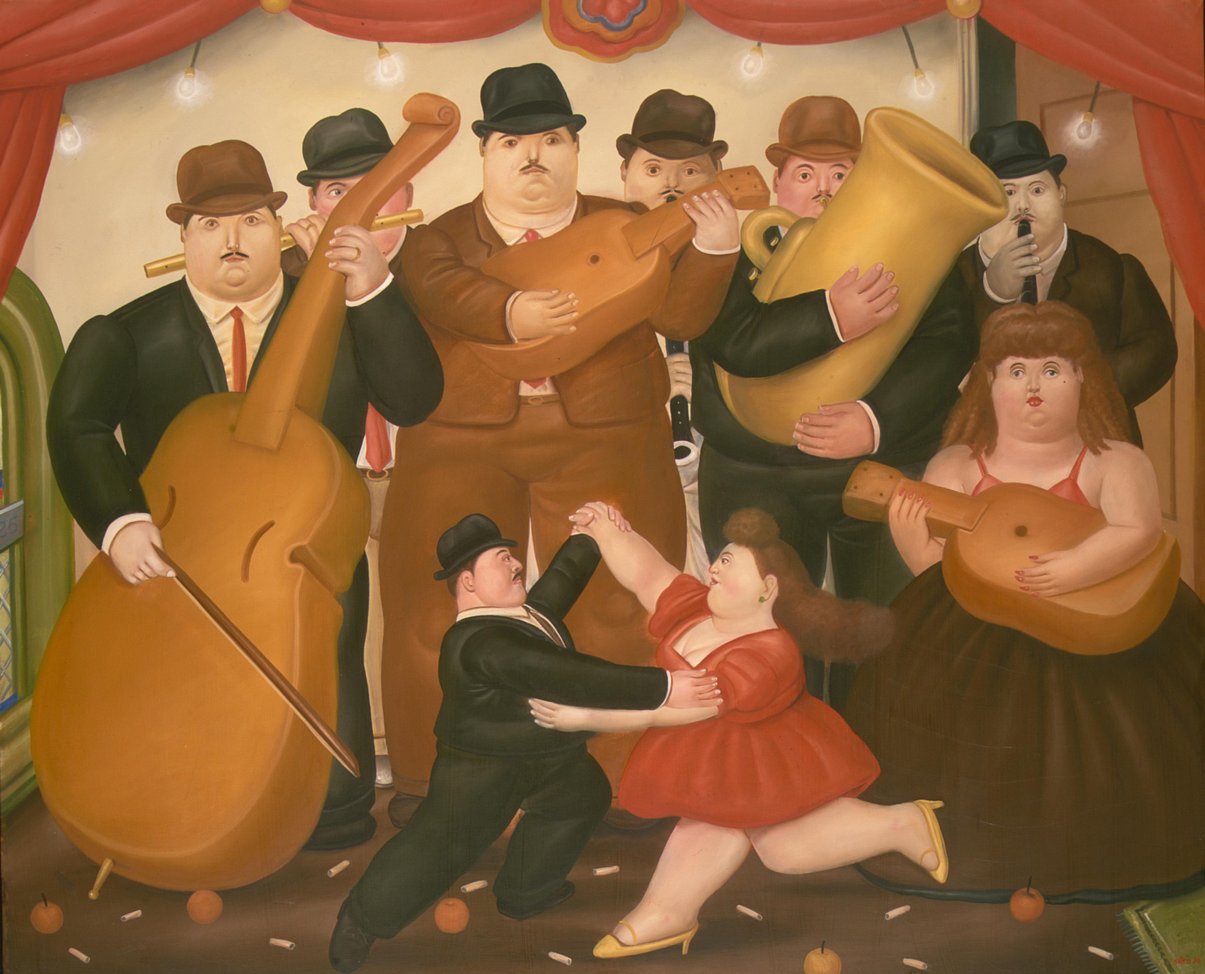 A painting by Botero featuring a group of musicians towering over a small-scale dancing couple